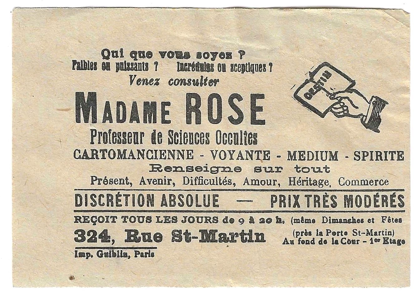 1910s Antique Madame Rose Spirit Medium Fortune Teller Paris Business Card