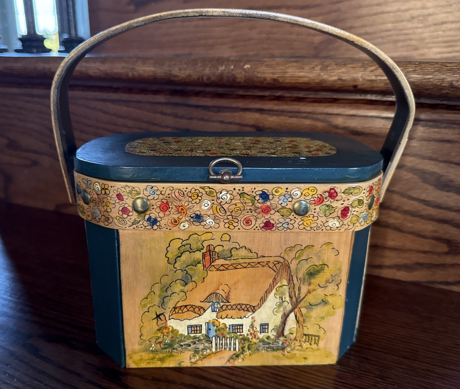 Vintage Hand Painted  Signed Wooden Basket Purse