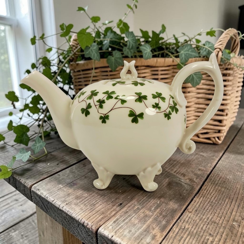 Shannon Porcelain Irish Shamrock Clover Lidded Footed Tea Pot Scroll Handle 8.5 Shannon Porcelain Irish Shamrock Clover Lidded Footed Tea Pot Scroll Handle 8.5