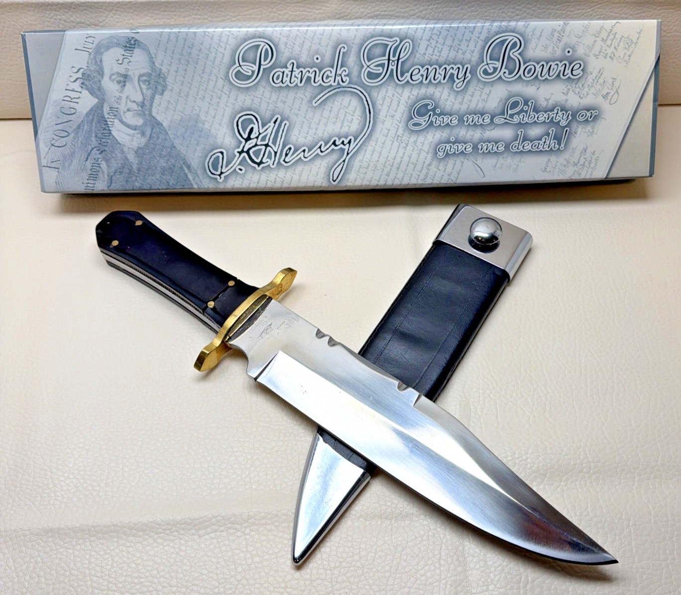 Patrick Henry “Liberty or Death” Bowie Knife Stainless w/ Leather Sheath Box