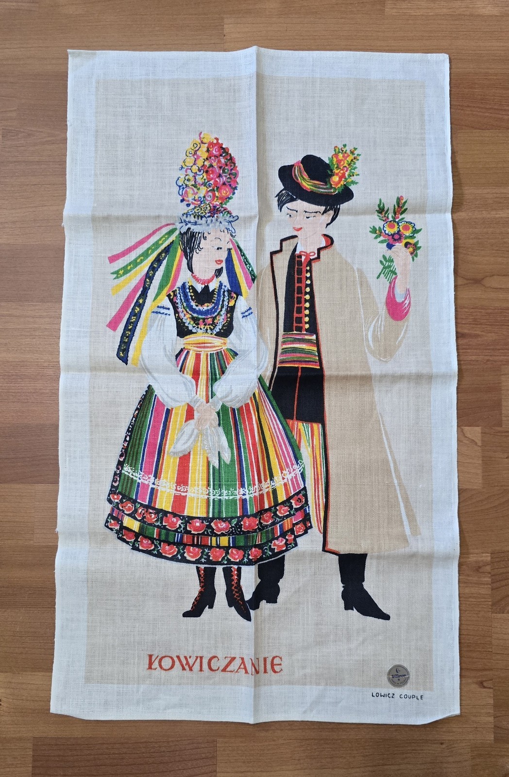 Vintage Polish Lowicz Couple Linen Tea Towel Wall Hanging Decor Texlimpex NOS