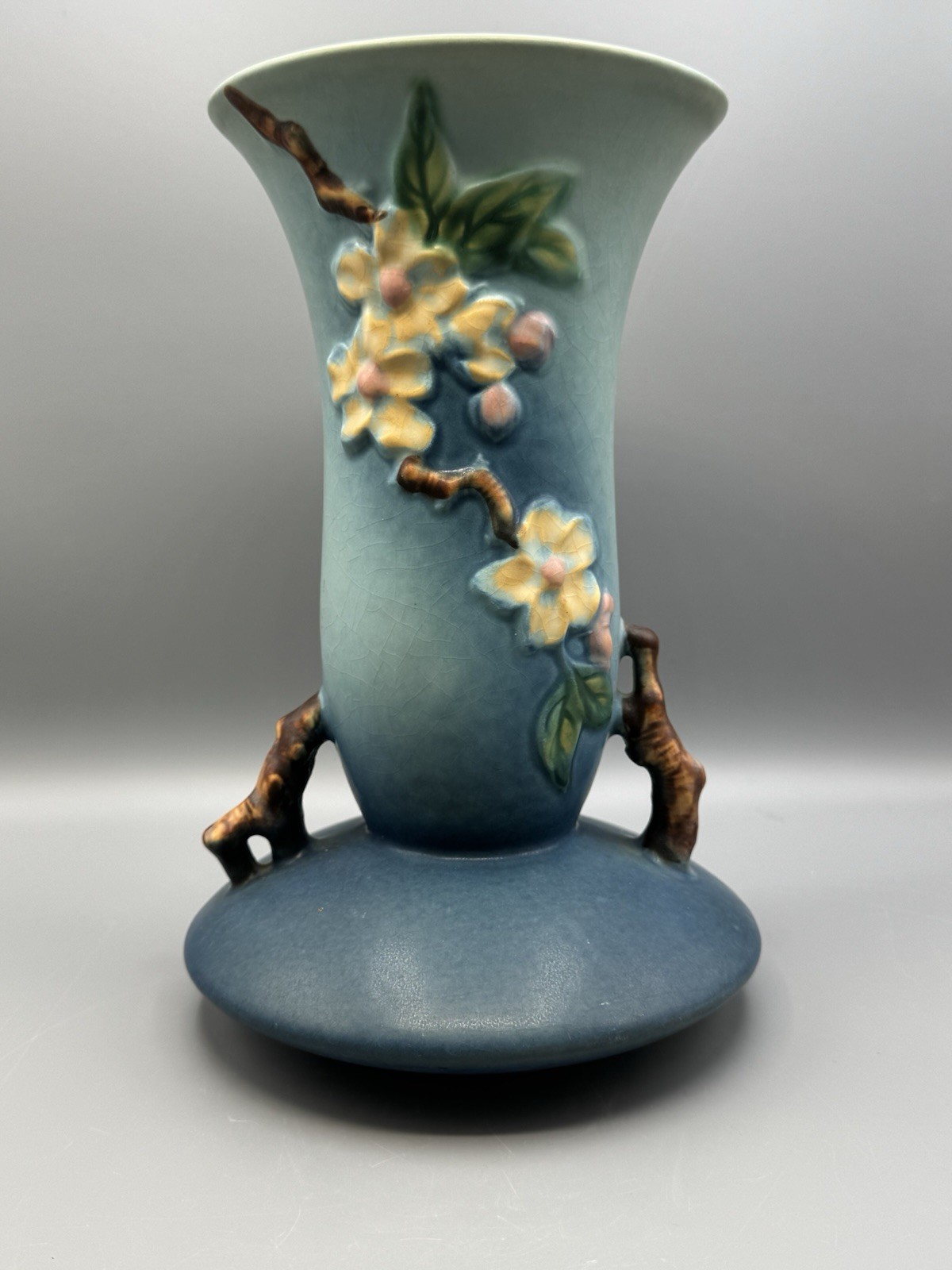 Exceptional Roseville Pottery Apple Blossom Vase – 388-10 – Blue Matte 1940’s