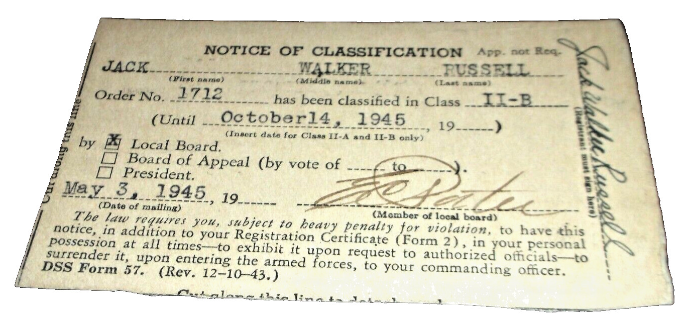 MAY 1945 LOCAL BOARD CLARKSVILLE ARKANSAS  DRAFT CARD JACK WALKER RUSSELL