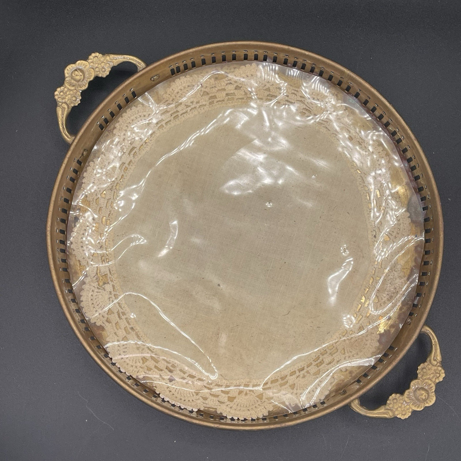 VTG Solid Brass Golden Round Serving Tray Pierced Design Floral Handles India VTG Solid Brass Golden Round Serving Tray Pierced Design Floral Handles India