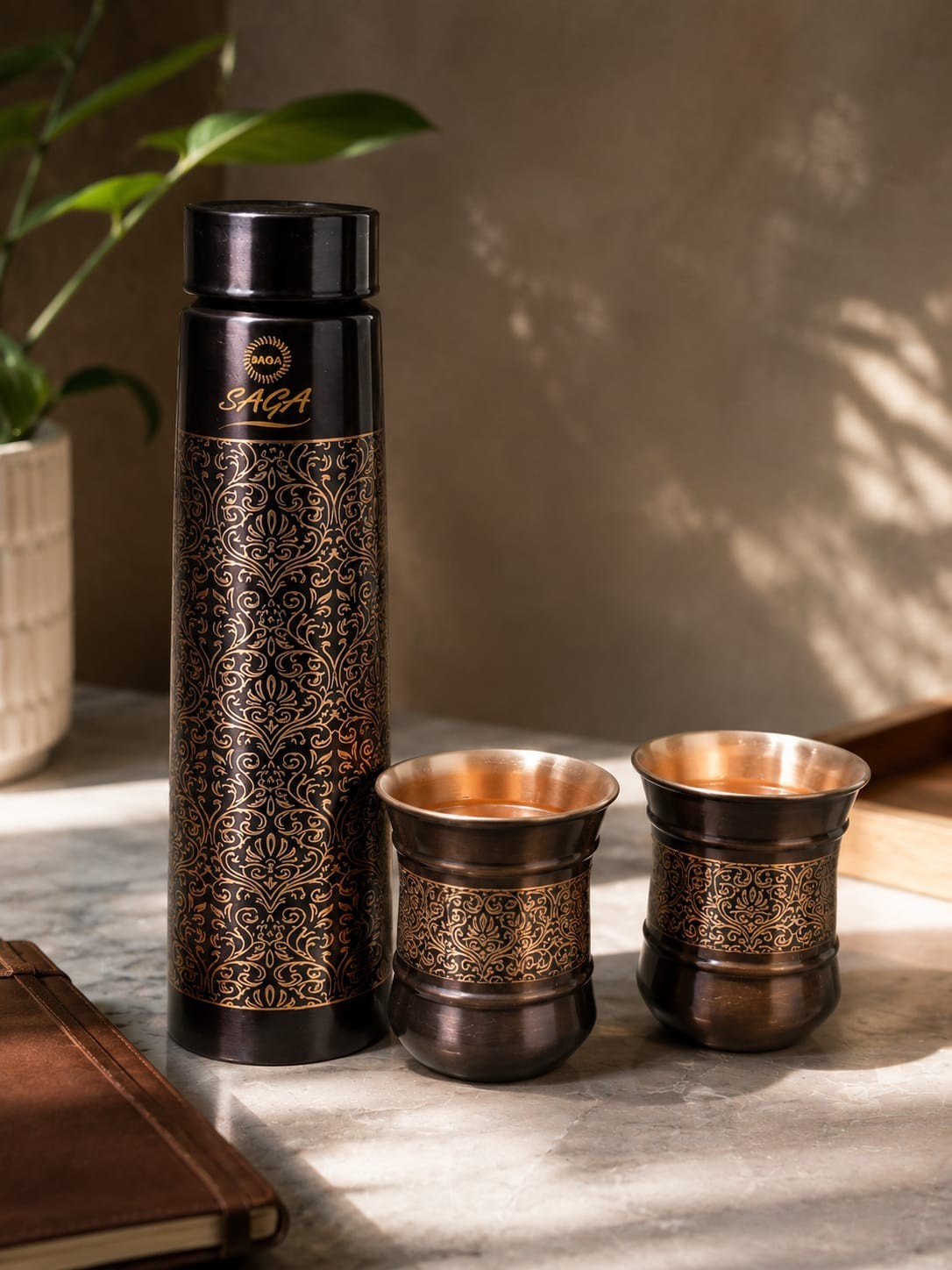 Ayurvedic Pure Copper Water Bottle with 2 Glasses Vintage Style Fastship Ayurvedic Pure Copper Water Bottle with 2 Glasses Vintage Style Fastship