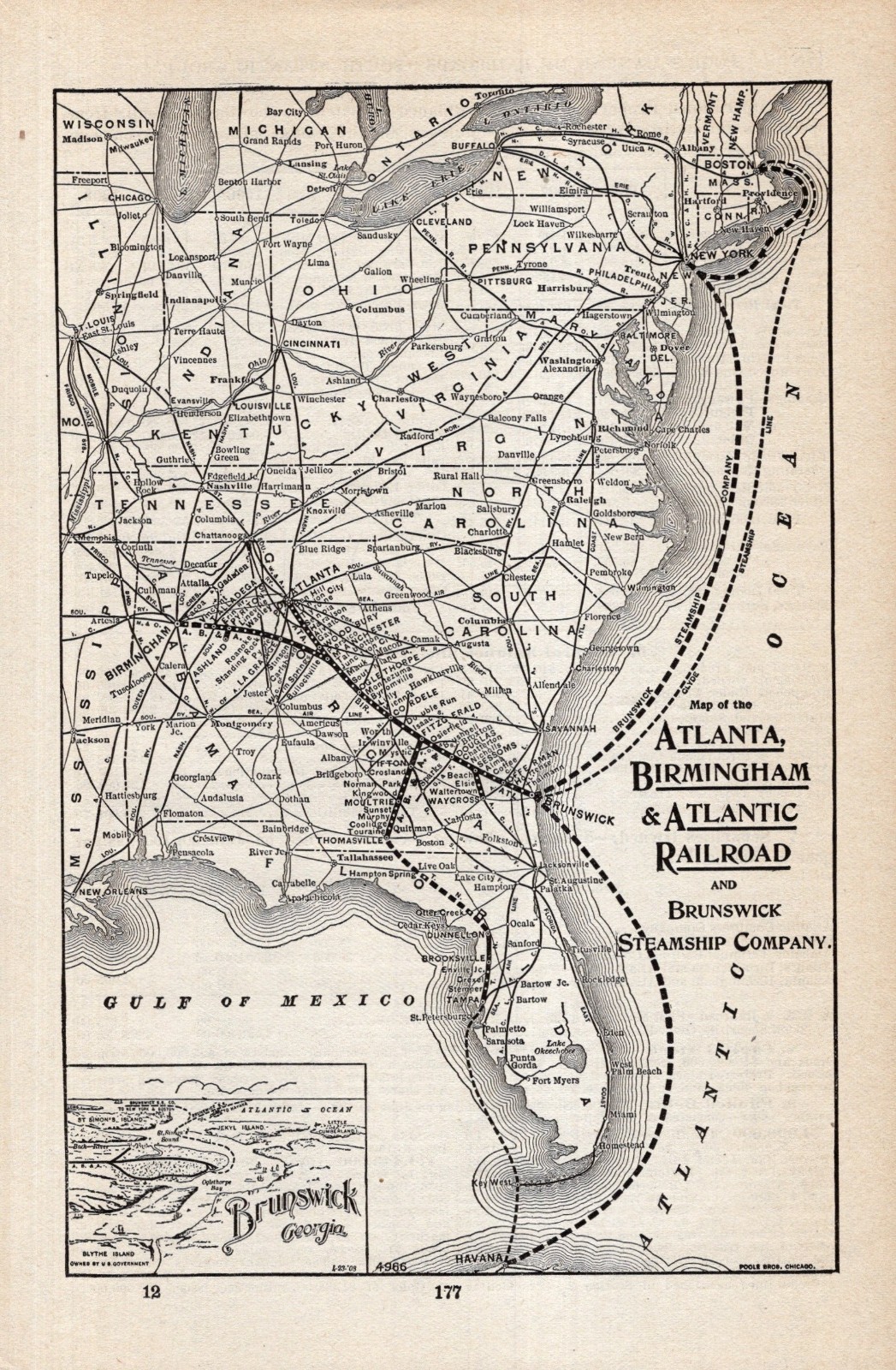 1908 Atlanta Birmingham & Atlantic  Railroad Map Brunswick Steamship Co 2855