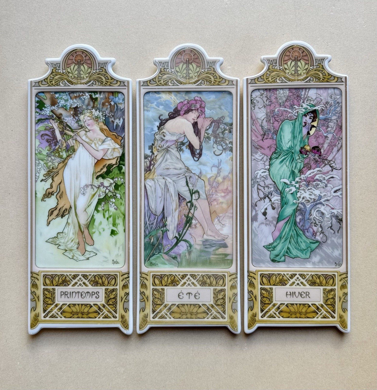 Very Rare Set of 3 Hutschenreuther Porcelain Alphonse Mucha Season Wall Plaques