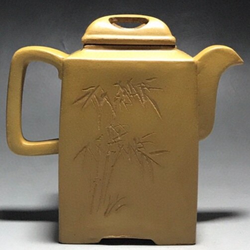 Handmade Yixing Zisha Teapot, Vintage Tall Square, Bamboo Carving & Arched Knob