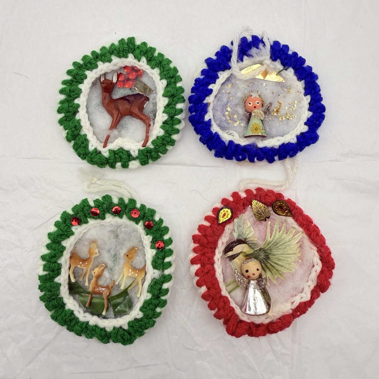 4 Vintage Diorama Handmade Crochet Christmas Ornaments