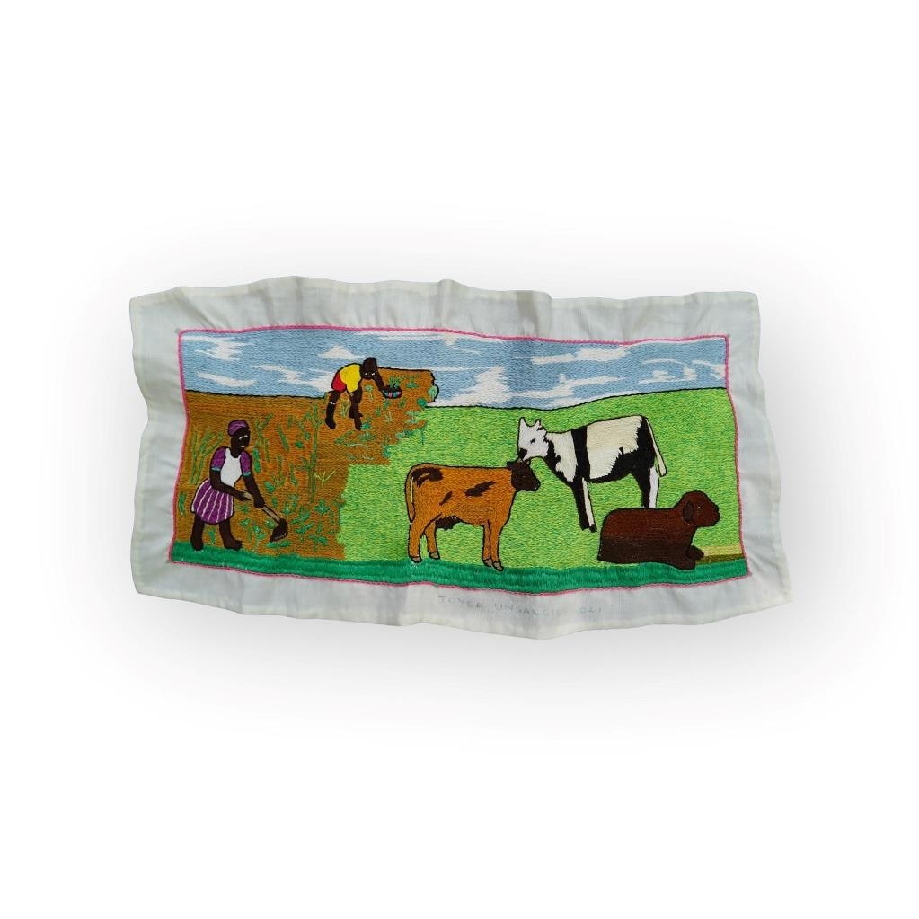 African Fabric Embroidery Panel Farming Scene African Fabric Embroidery Panel Farming Scene