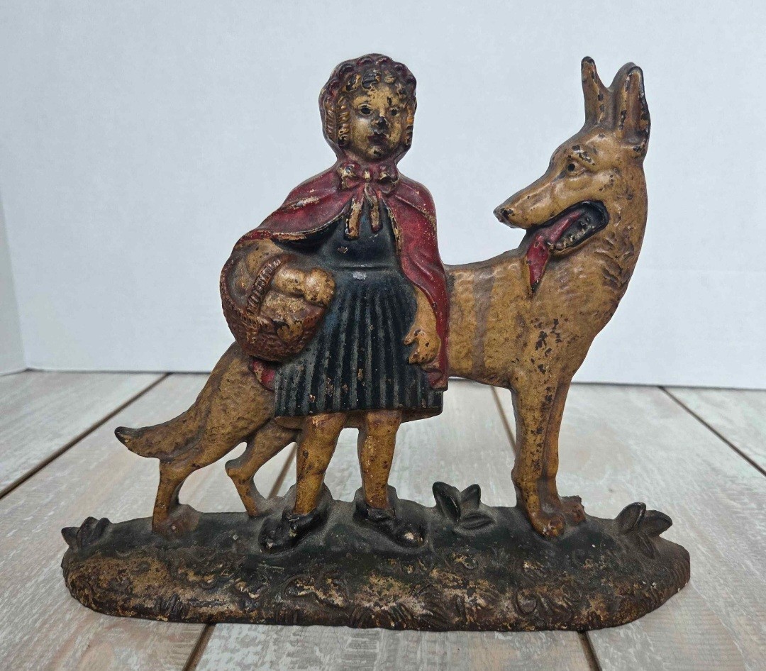 ANTIQUE NUYDEA LITTLE RED RIDING HOOD WOLF GIRL HOME CAST IRON DOOR DOORSTOP USA