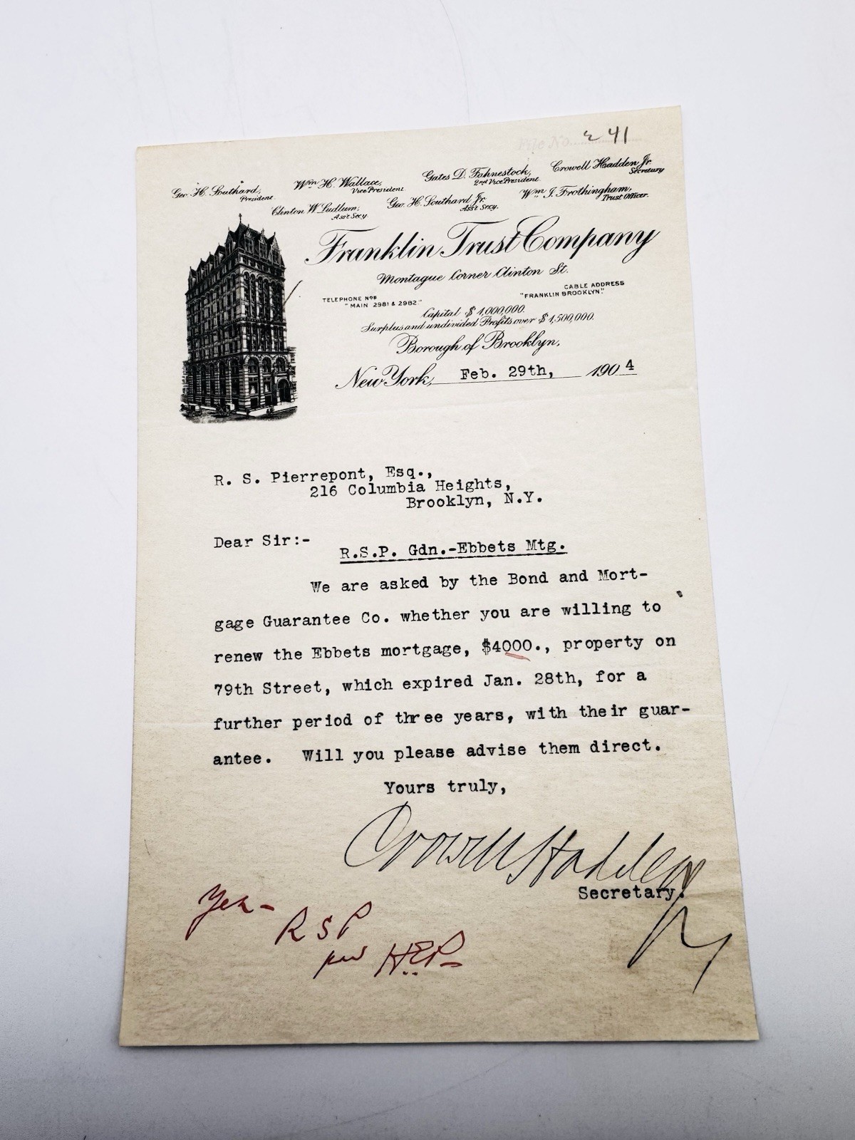 1904 Franklin Trust Company Brooklyn NY Bank Letter Leap Year Ebbets Mortgage