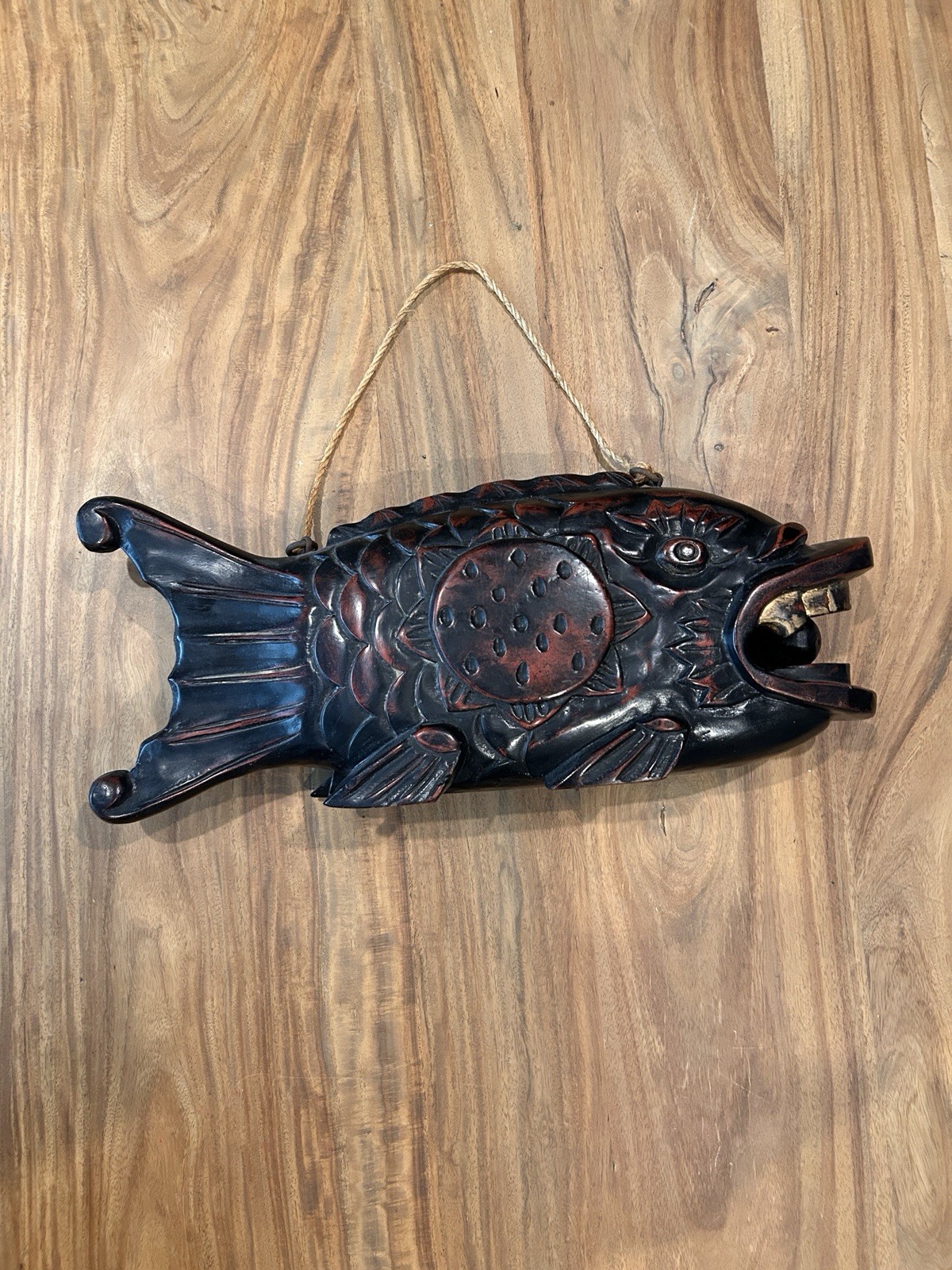 Japanese Buddhist Mokugyo Carved Wood Fish Drum Vtg Temple Decor 19in