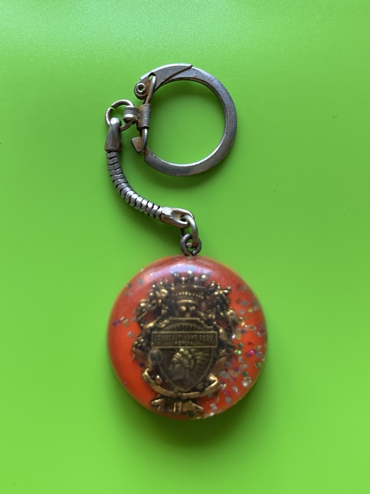 Vintage Conneaut Lake Park Resin Encased Glitter Pendant Keychain 1970s PA Vintage Conneaut Lake Park Resin Encased Glitter Pendant Keychain 1970s PA