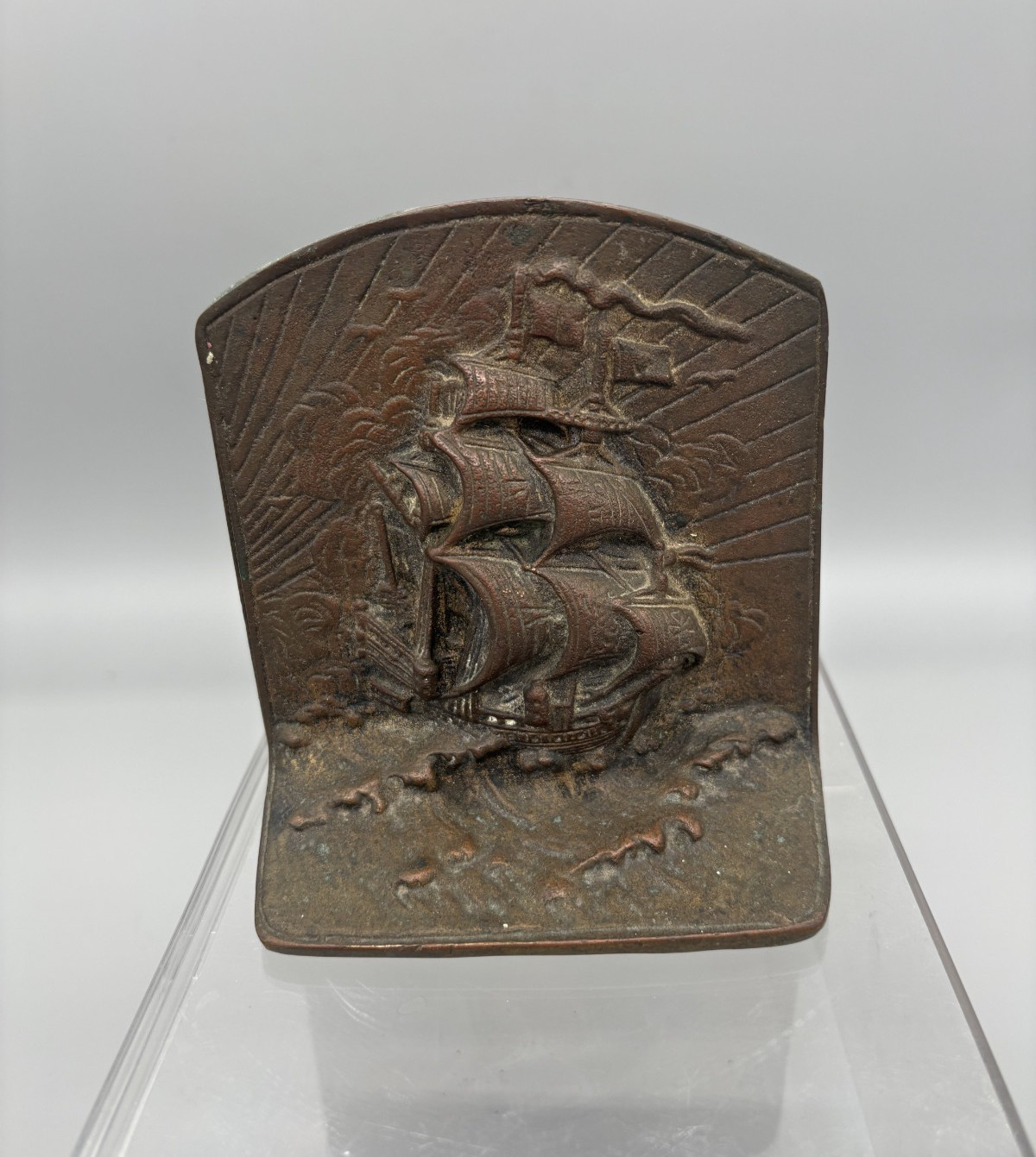 Antique Bronze Met Spanish Galleon at Sea Bookends 5.5\