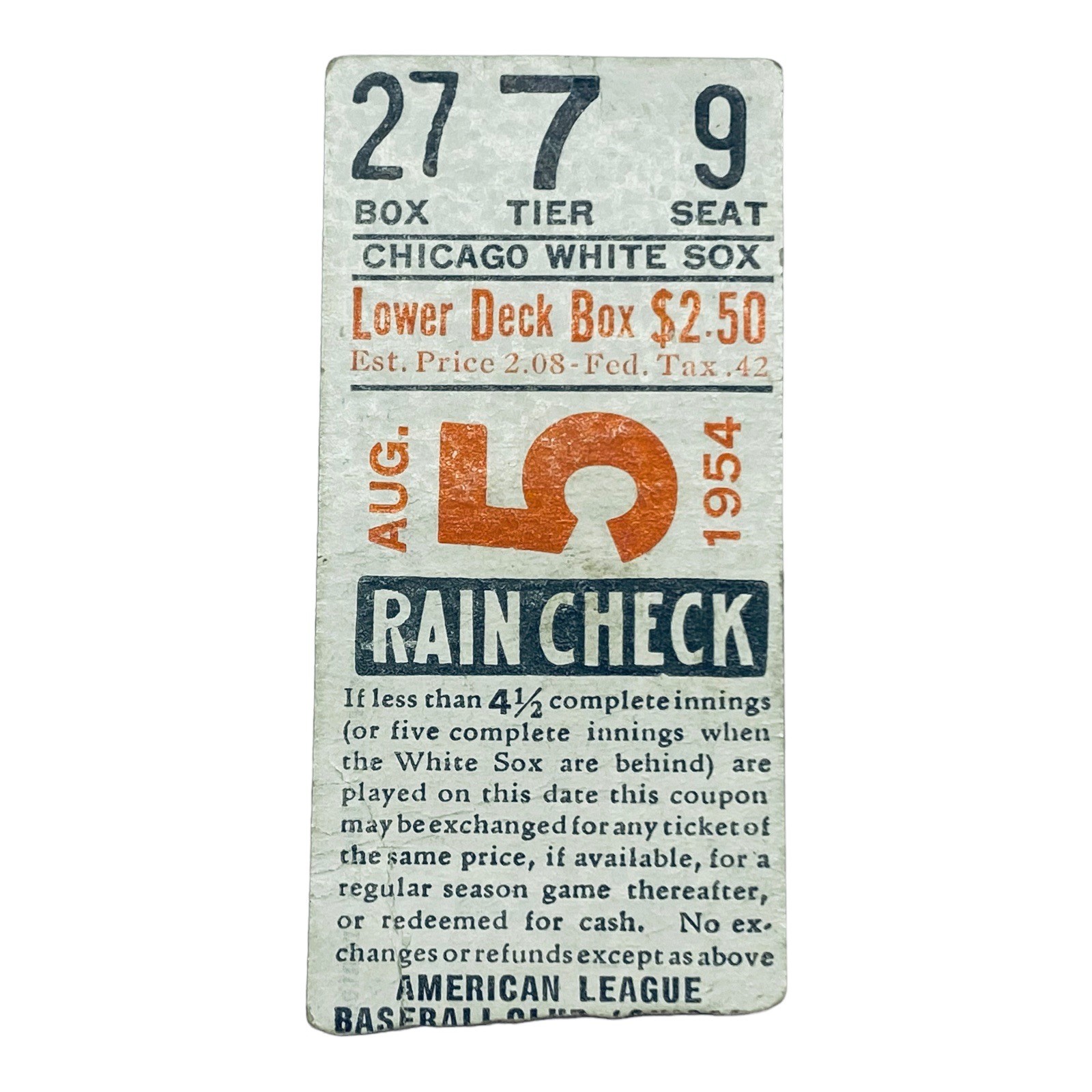 1954 Chicago White Sox vs Minnesota Twins Baseball Rain Check 1954 Chicago White Sox vs Minnesota Twins Baseball Rain Check