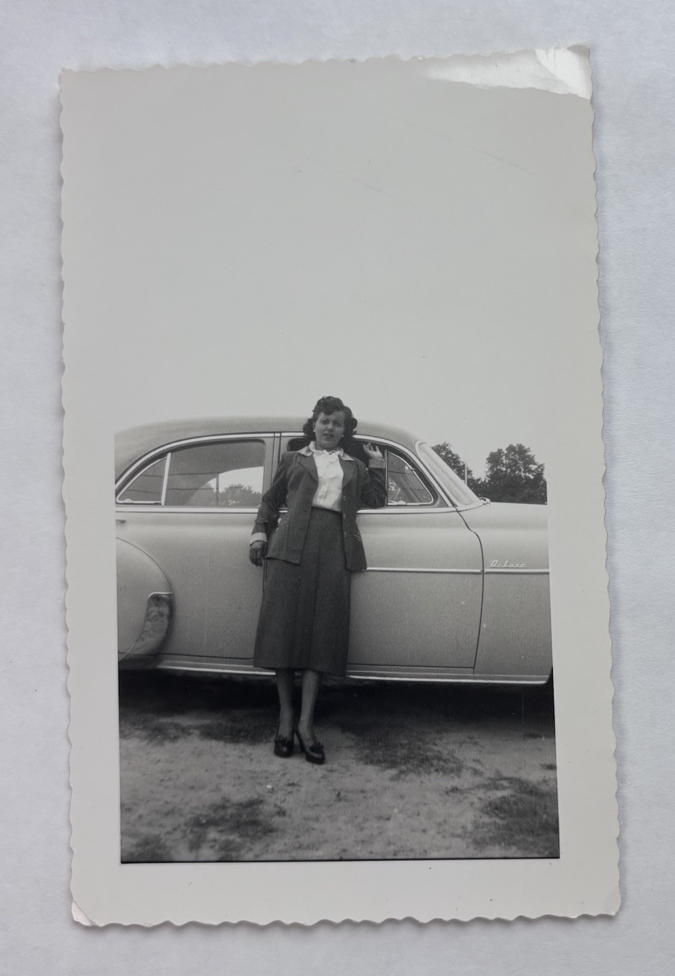 Vintage Photo Fashionable Woman Suit Posing with Classic Car B&W Snapshot