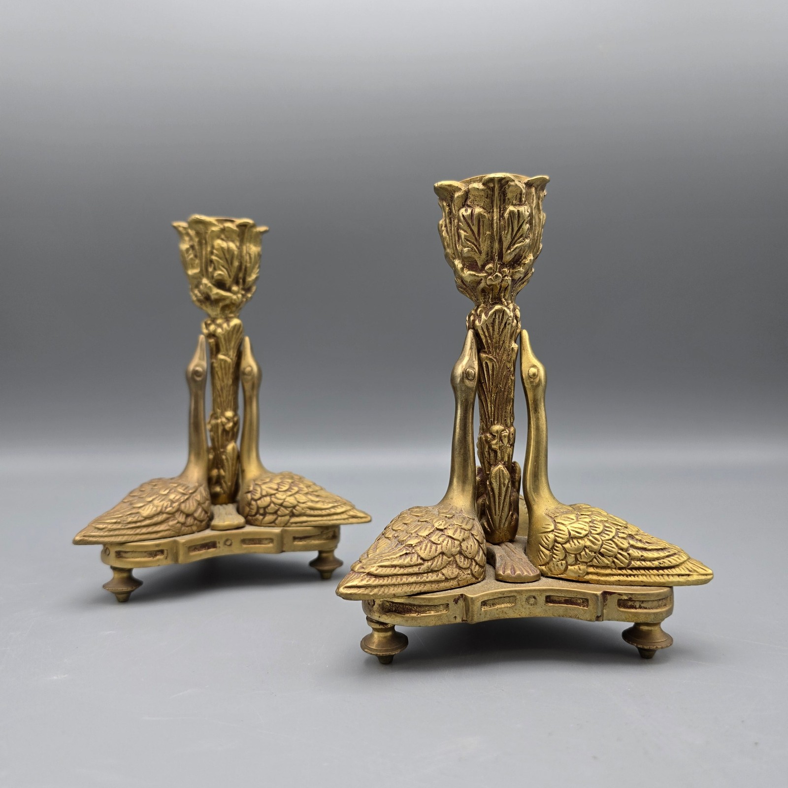 Pair Vintage Mottahedeh Brass George IV Style Swan Candlesticks