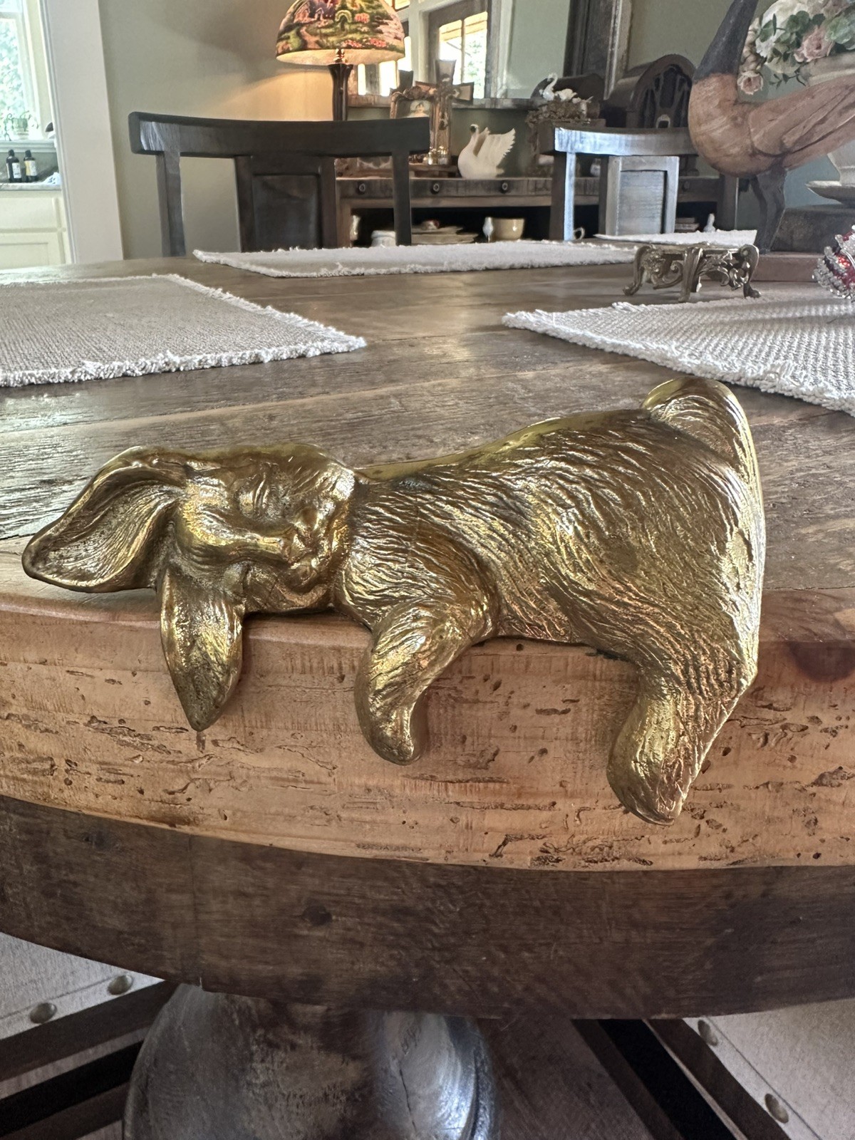 Vintage Brass Sleeping Bunny Rabbit Shelf Book Sitter Figurine Home Decor