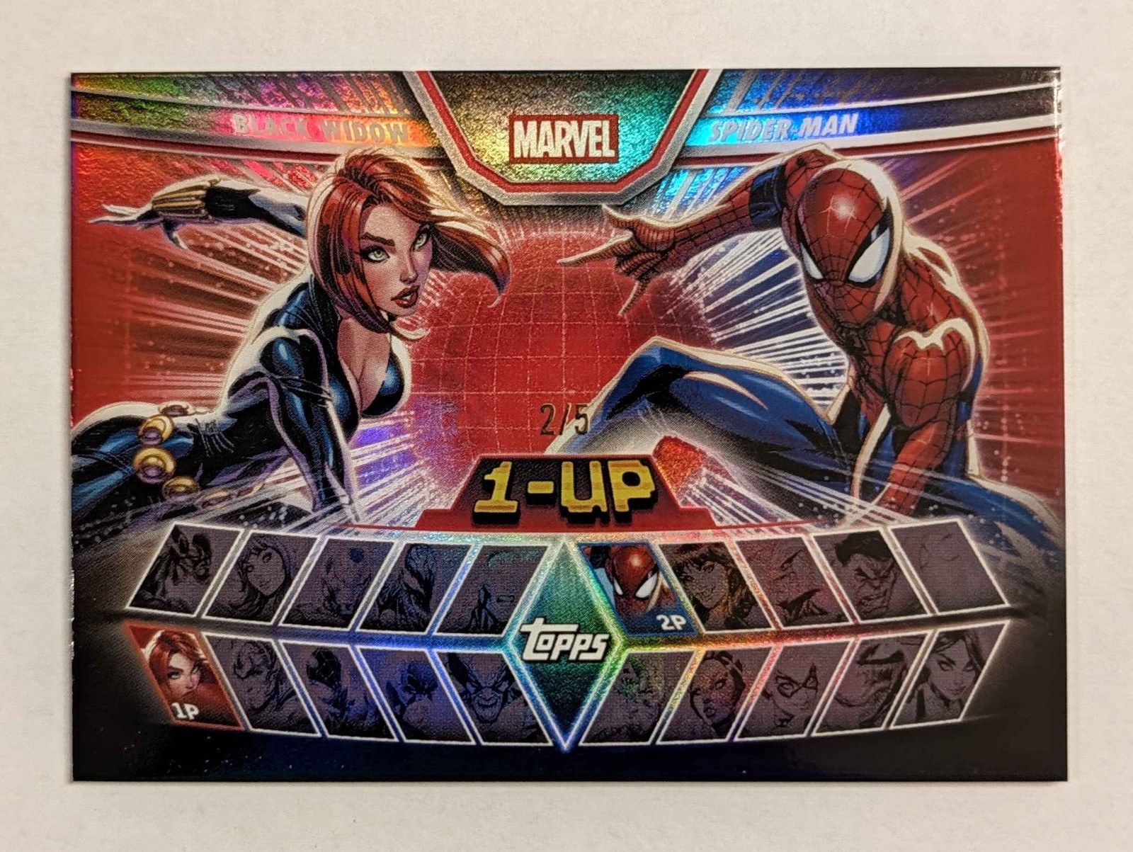 2026 Topps Neon Marvel 1-Up Black Widow vs Spider-Man Red Foil 2/5 1UP-10 SSP 2026 Topps Neon Marvel 1-Up Black Widow vs Spider-Man Red Foil 2/5 1UP-10 SSP