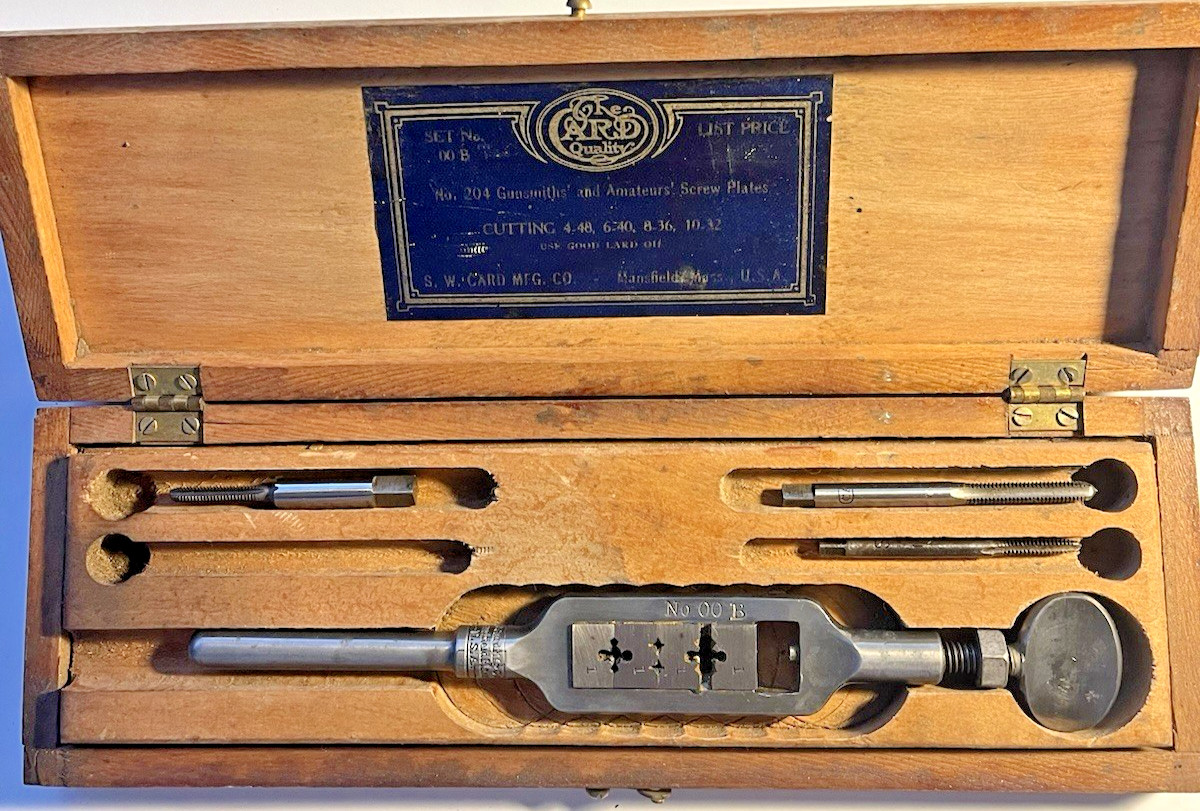 Antique S.W. Card No. 00B Gunsmiths Tap & Die Set Vintage Wood Box