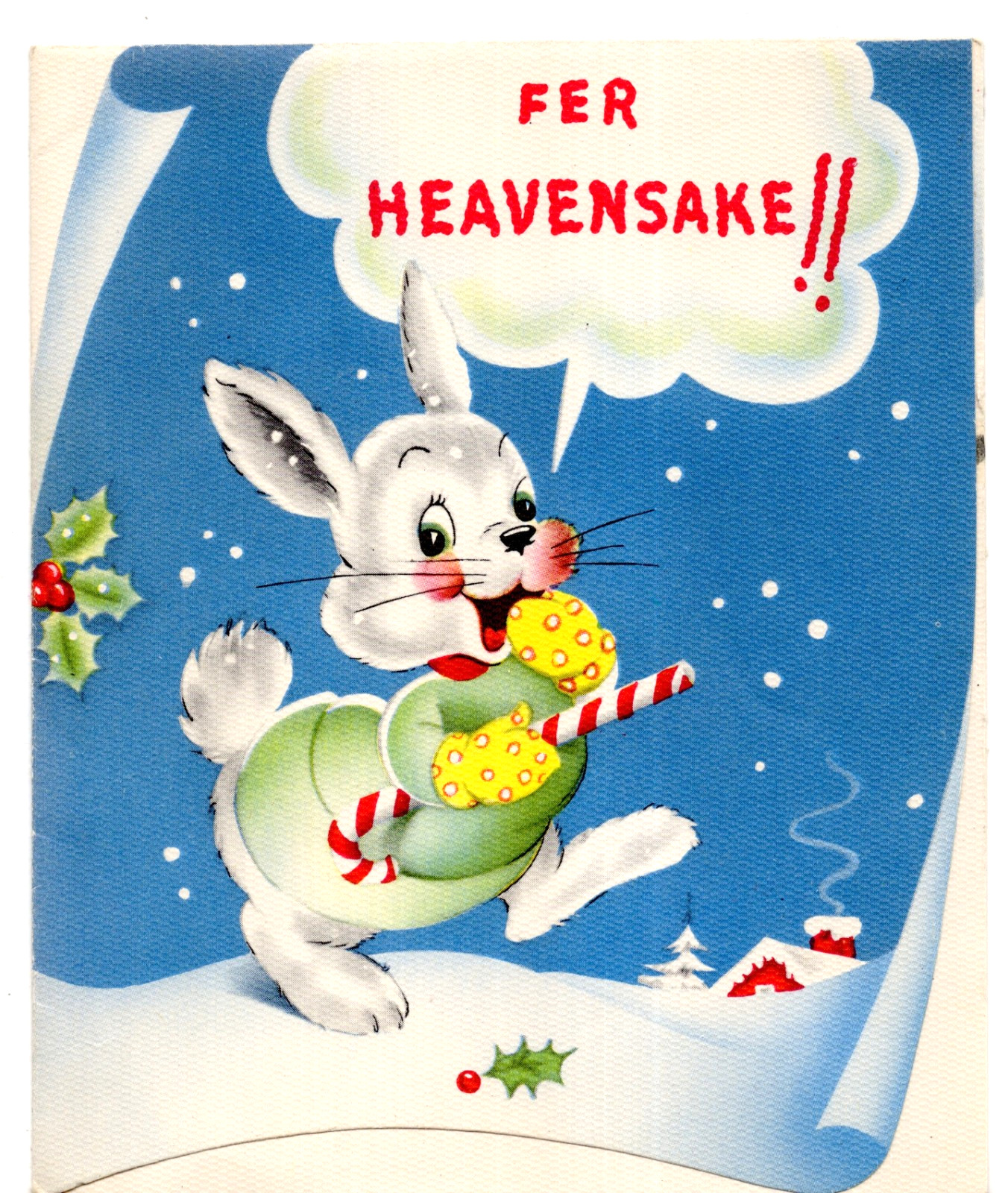 Vintage Christmas Card, SNOW BUNNY W/PEPPERMINT CANDY CANE, AMERICAN GREETINGS