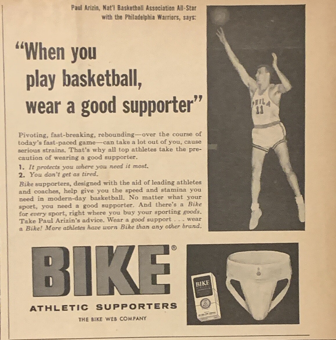 1956 Bike Athletic Supporter PRINT AD Paul Arizin Philadelphia Warriors VTG 50s 1956 Bike Athletic Supporter PRINT AD Paul Arizin Philadelphia Warriors VTG 50s