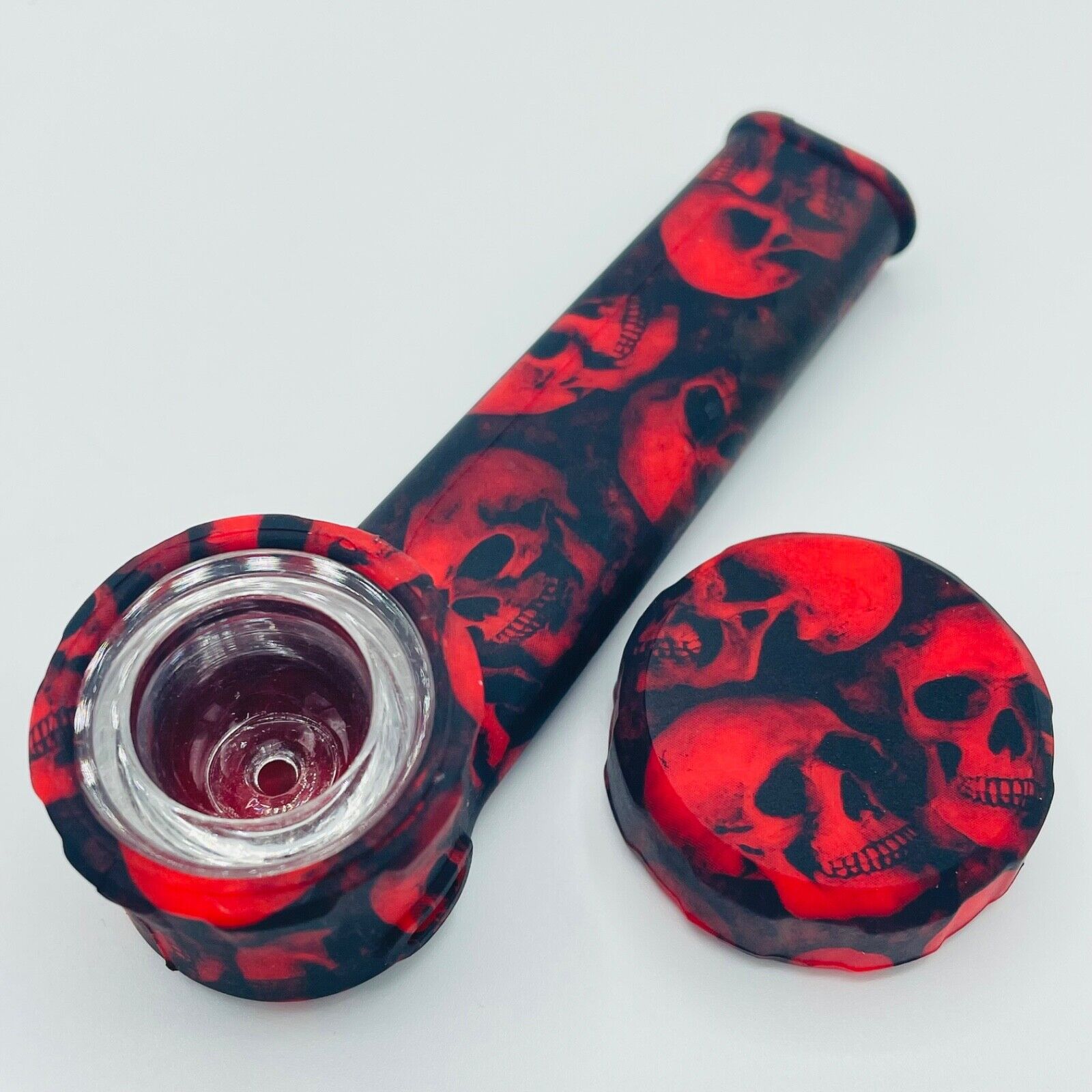 Silicone Smoking Pipe with Glass Bowl & Cap Lid | Red Skulls