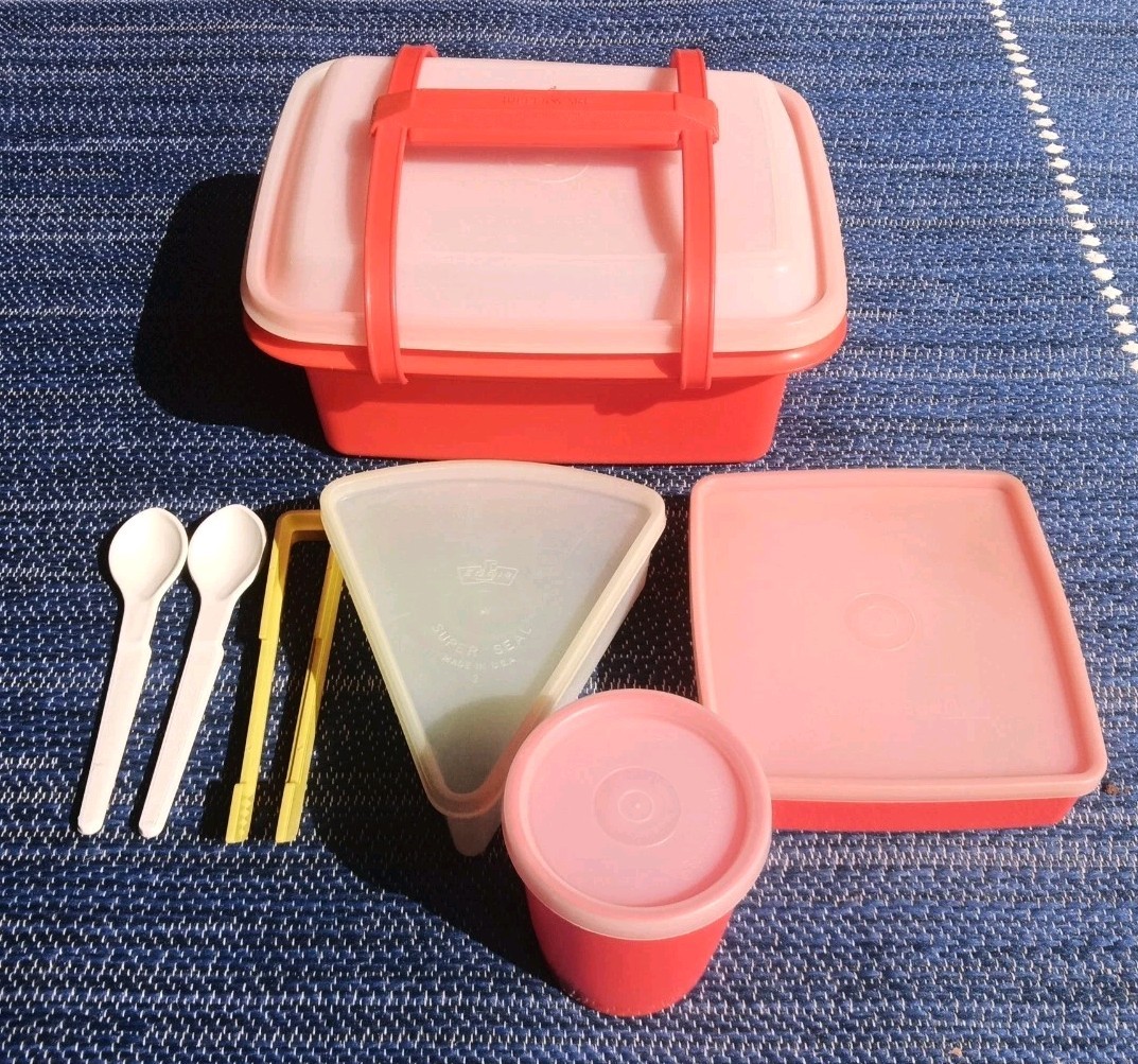 Vintage Tupperware Orange  PAK N CARRY Lunch Box Set Great Vintage Set