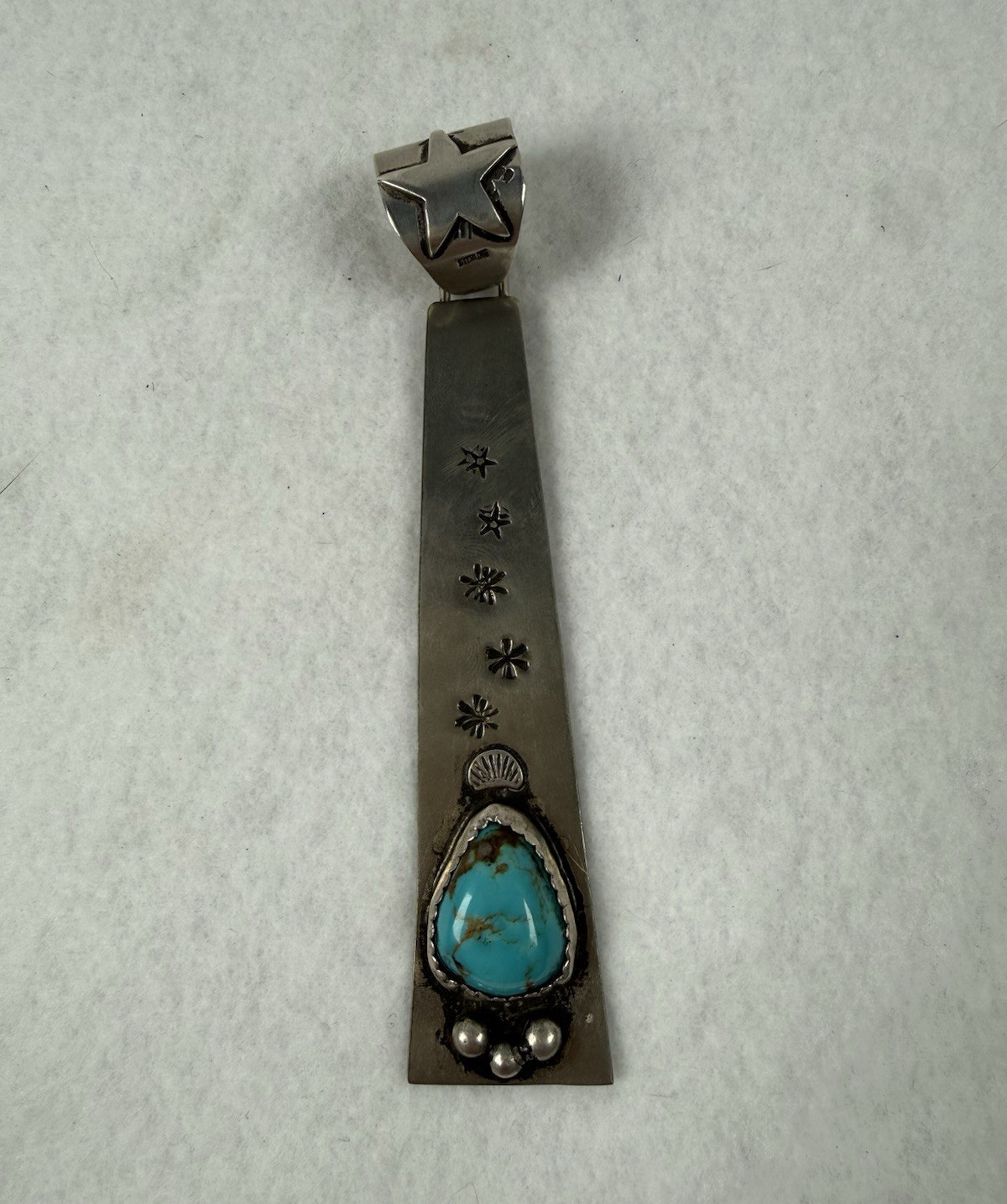LARGE Signed Sterling Silver Turquoise Pendant w/ Star Bail, Stamped Design, 5in LARGE Signed Sterling Silver Turquoise Pendant w/ Star Bail, Stamped Design, 5in