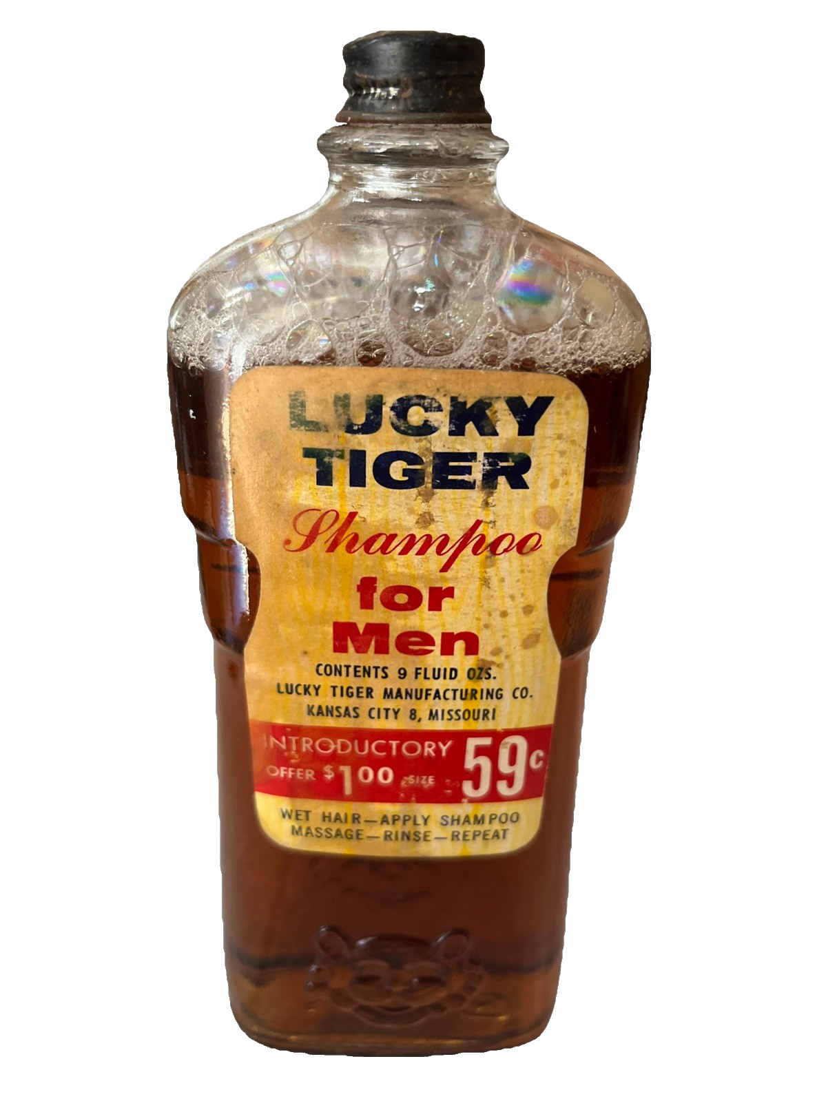 Nos Vintage LUCKY TIGER Shampoo for MEN, Full Glass Bottle Embossed Tiger barber Nos Vintage LUCKY TIGER Shampoo for MEN, Full Glass Bottle Embossed Tiger barber