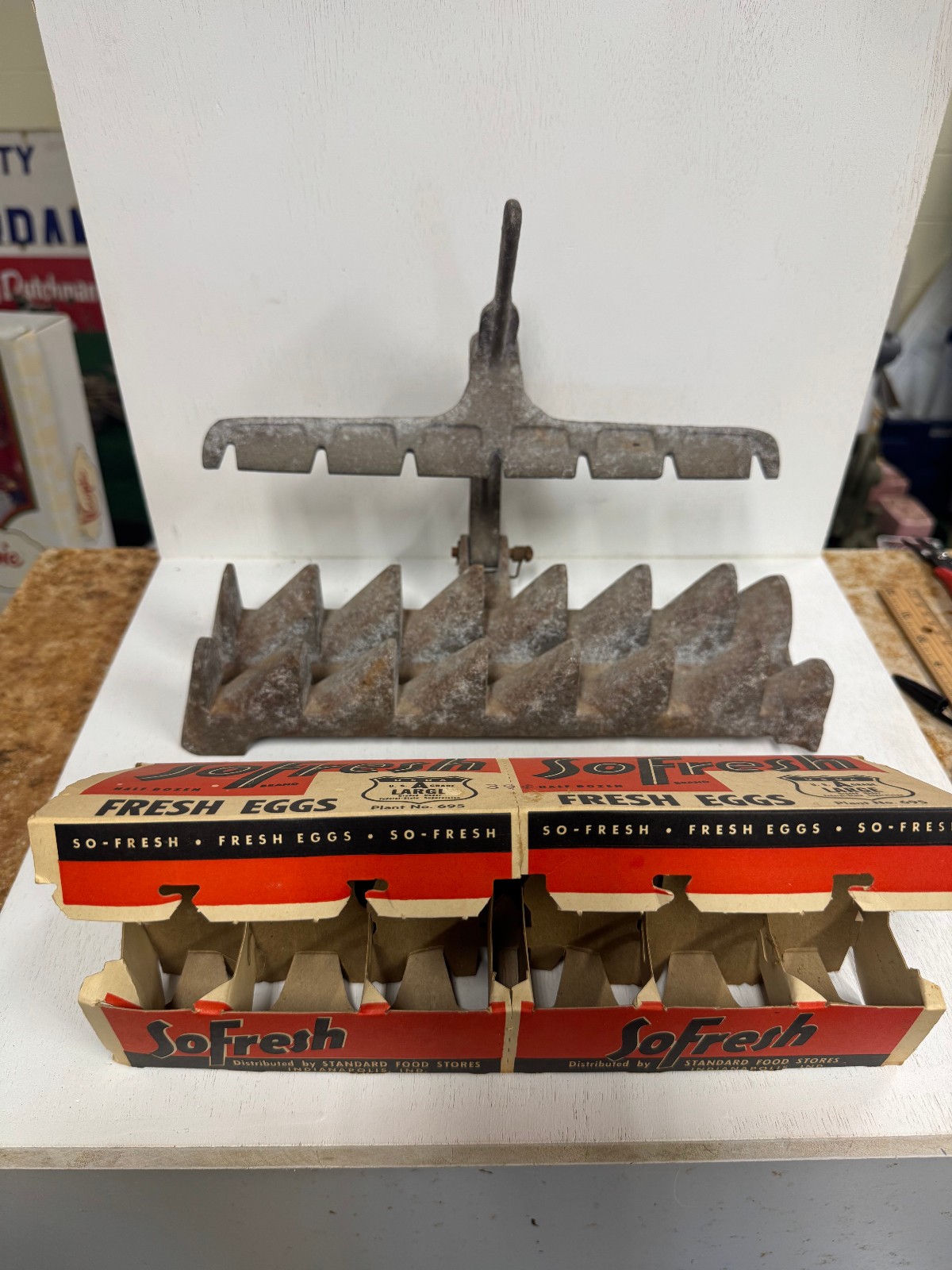 Early Antique Mechanical egg carton folding machine with early egg carton Early Antique Mechanical egg carton folding machine with early egg carton