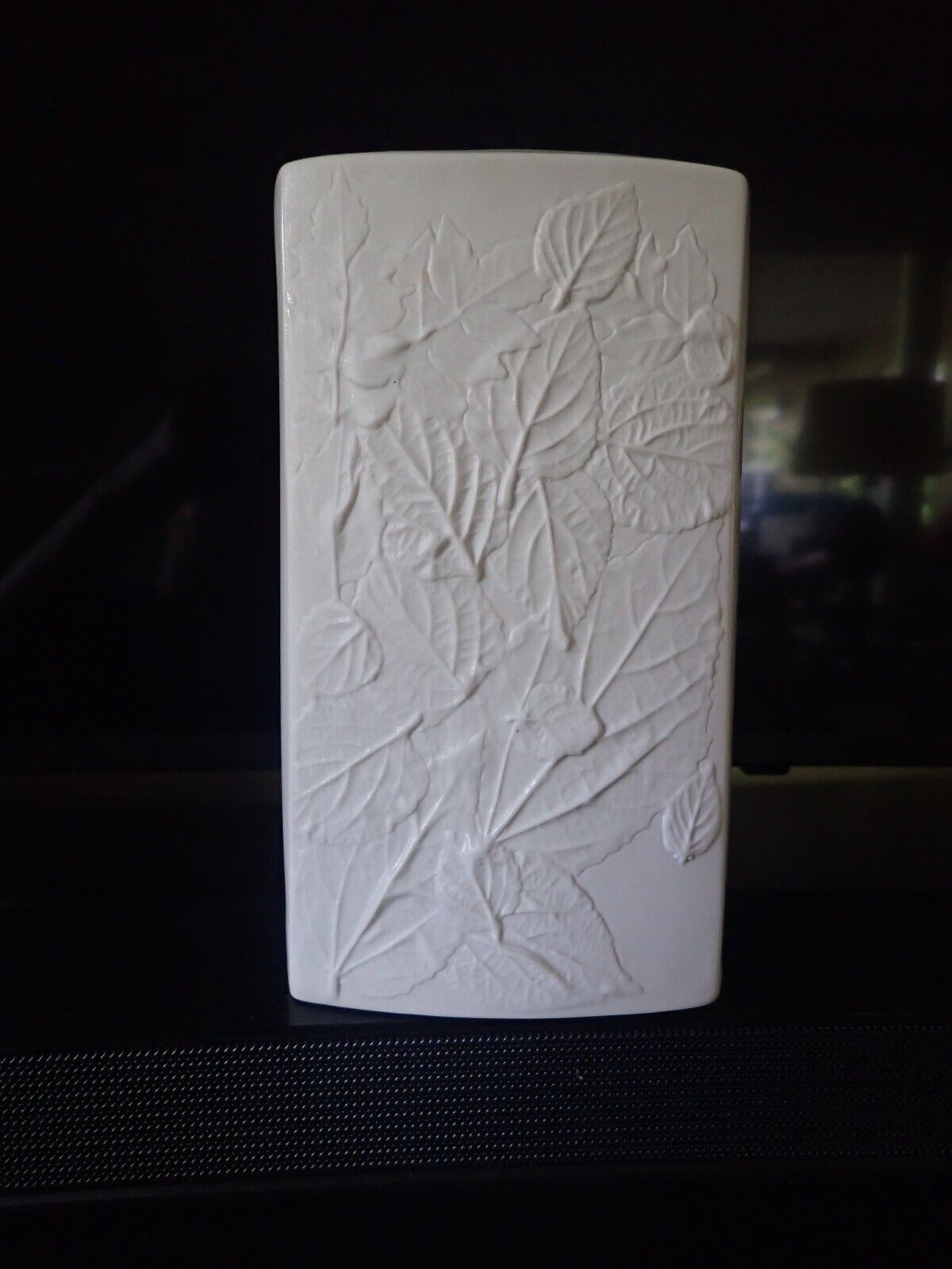 Vintage White Naaman Artline Vase w/ Relief Leaf Pattern