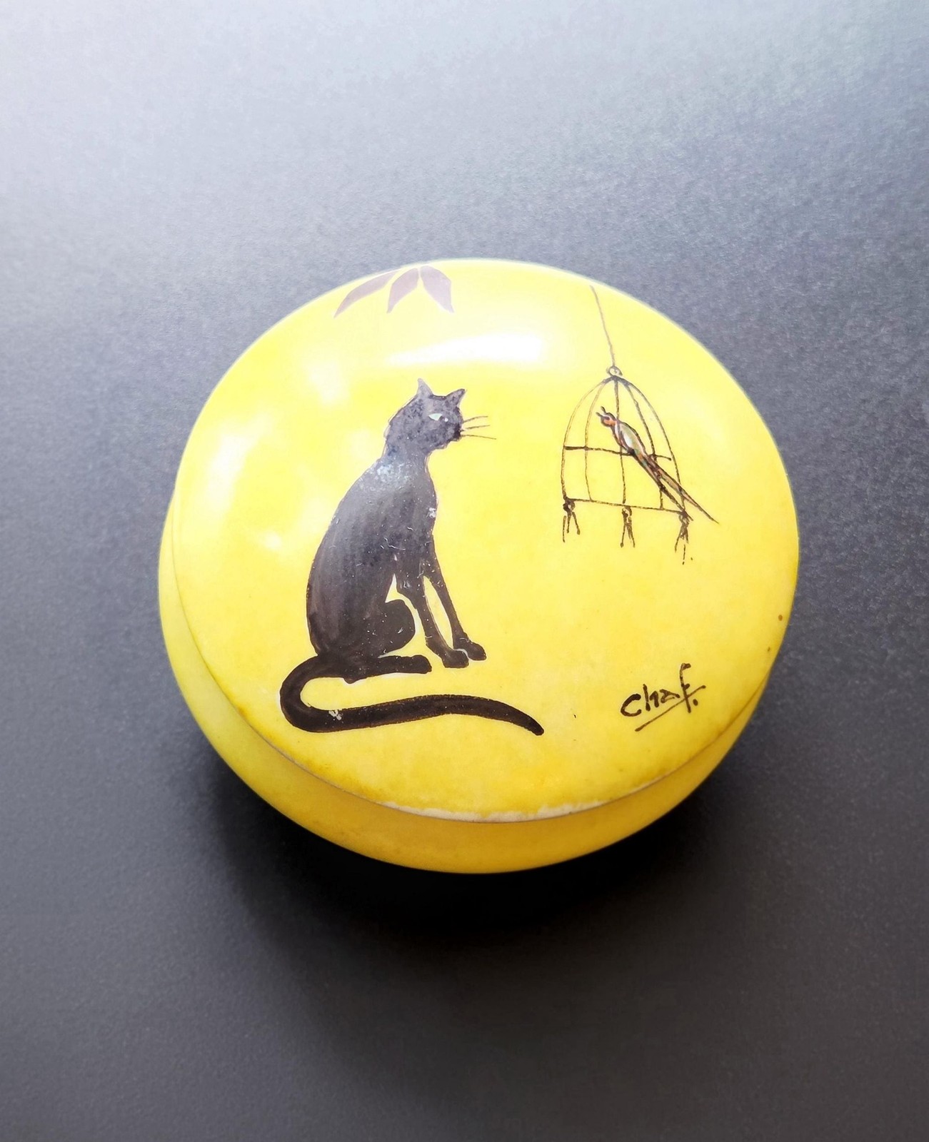 Vintage Vignaud Limoges Trinket Box  Black Cat & Bird | Hand Painted Signed Chaf