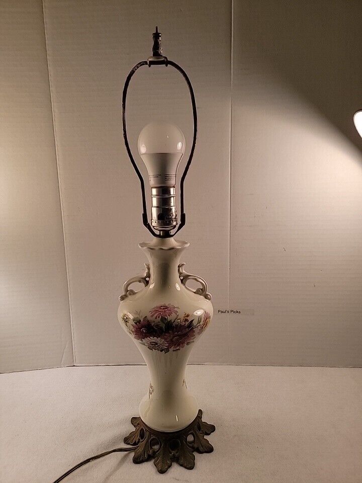 Vintage Floral Porcelain Table Lamp Mental Base Victorian Style Hand Painted.