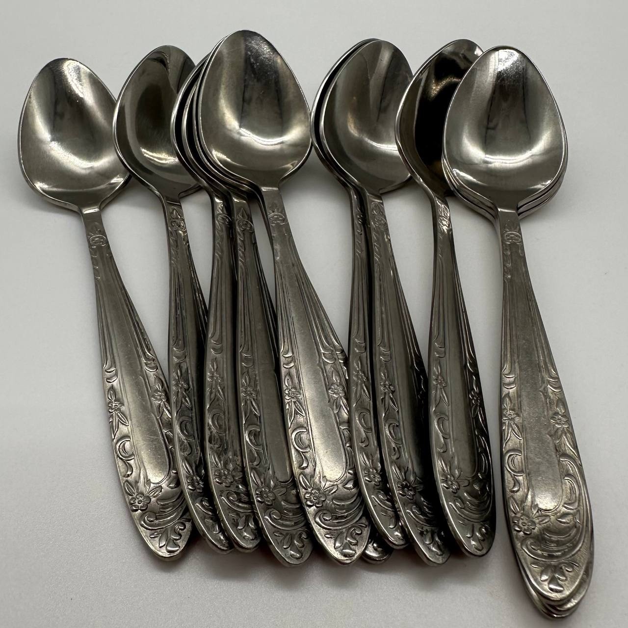 Vintage USSR Soviet Stainless Steel Floral Teaspoons Set of 12 5.7 in