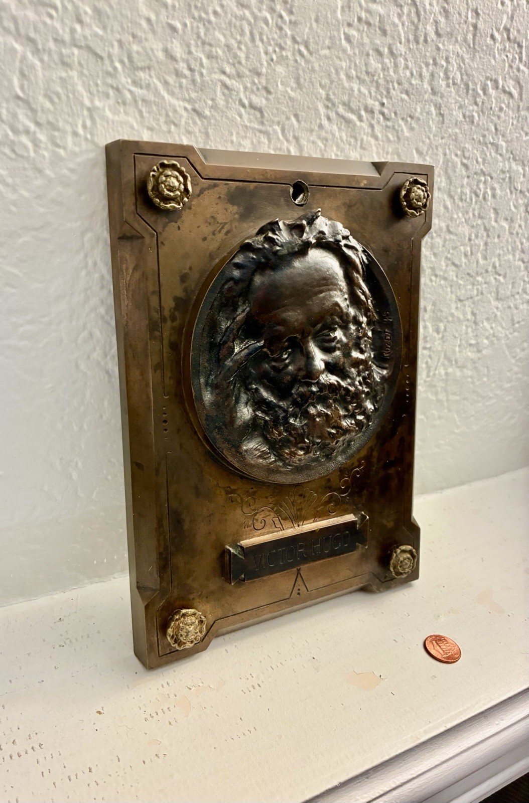 Antique 1885 French Bronze Plaque Victor Hugo Relief Sculpture René Rozet Signed