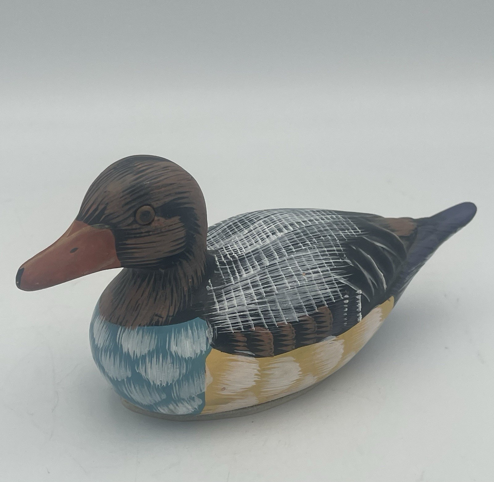 Hand Painted Ceramic Duck Figurine Decoy 5.5” x 3”Unbranded Glass Eyes Folk Art