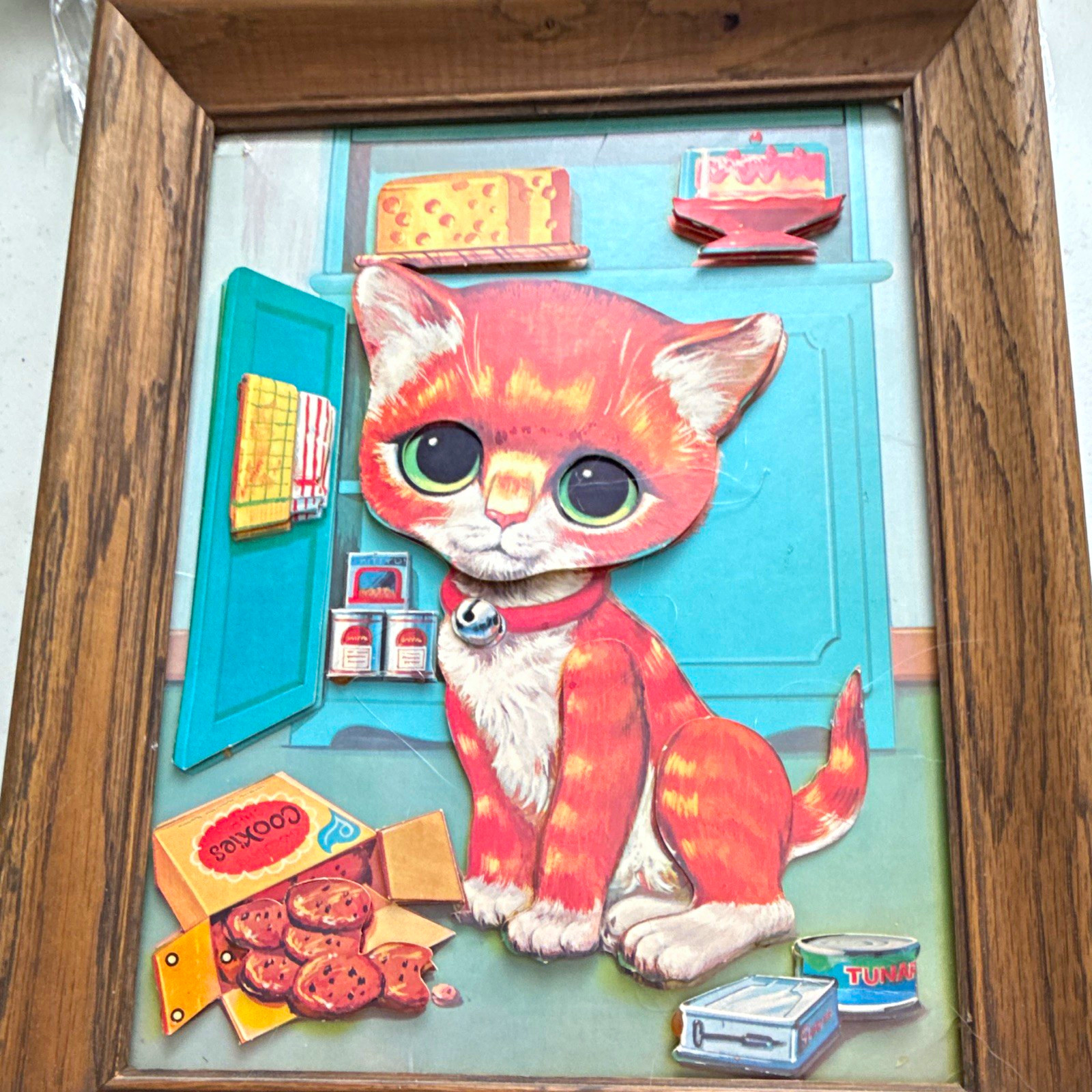Framed Cat 3-D artwork of Pity-Kitty from the 1960s in wooden frame