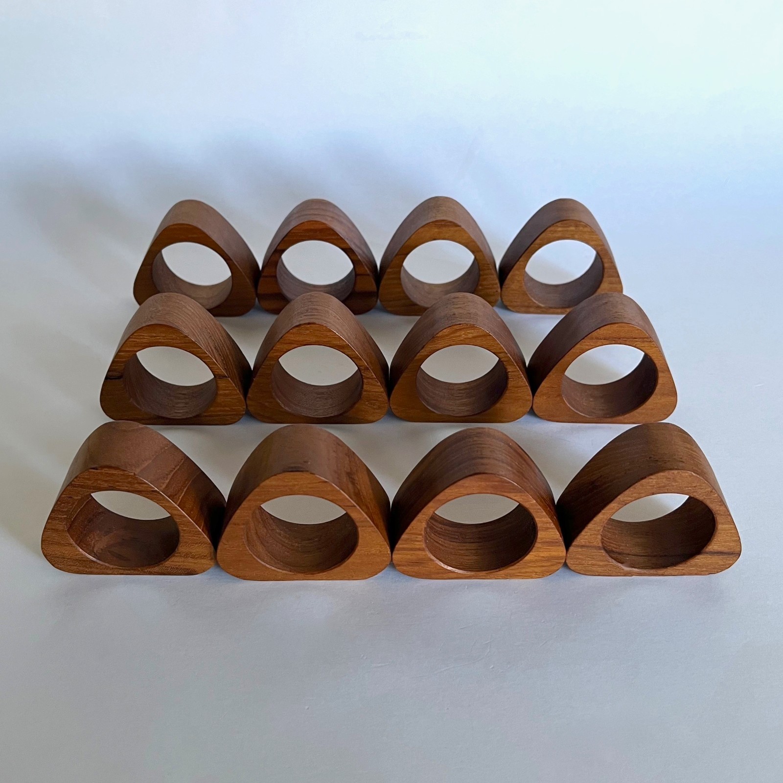 Set of 12 Vintage Mid Century Modern Teak Wood Triangle Napkin Rings Holders
