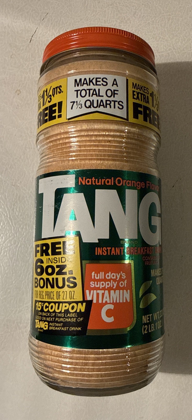 Vintage 1970\'s Tang Instant Orange Breakfast Drink Mix Glass Jar Full Unopened