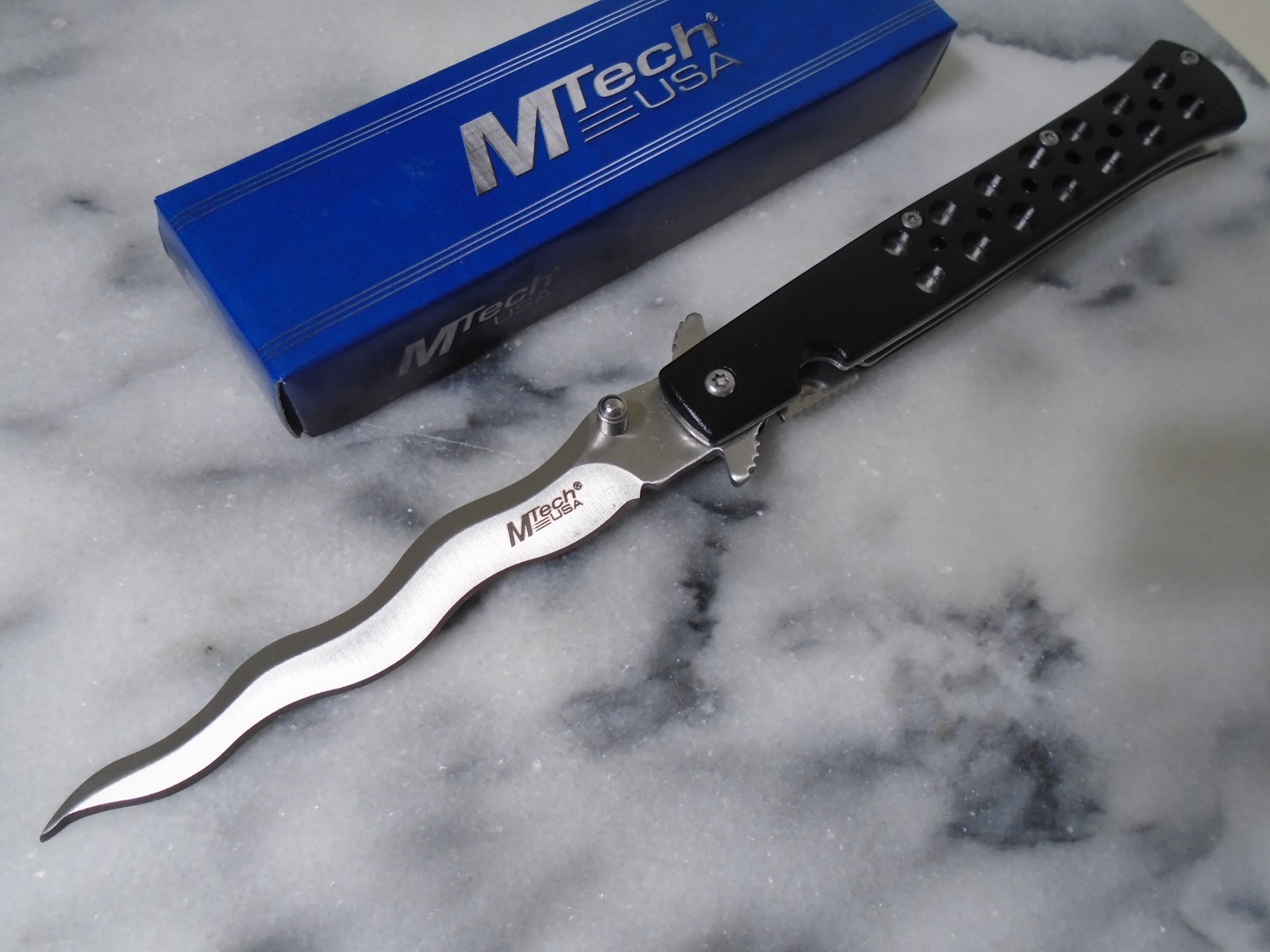 Mtech Assisted Open Black Kris Pocket Knife Wave Folding Dagger MT-A2042WB New