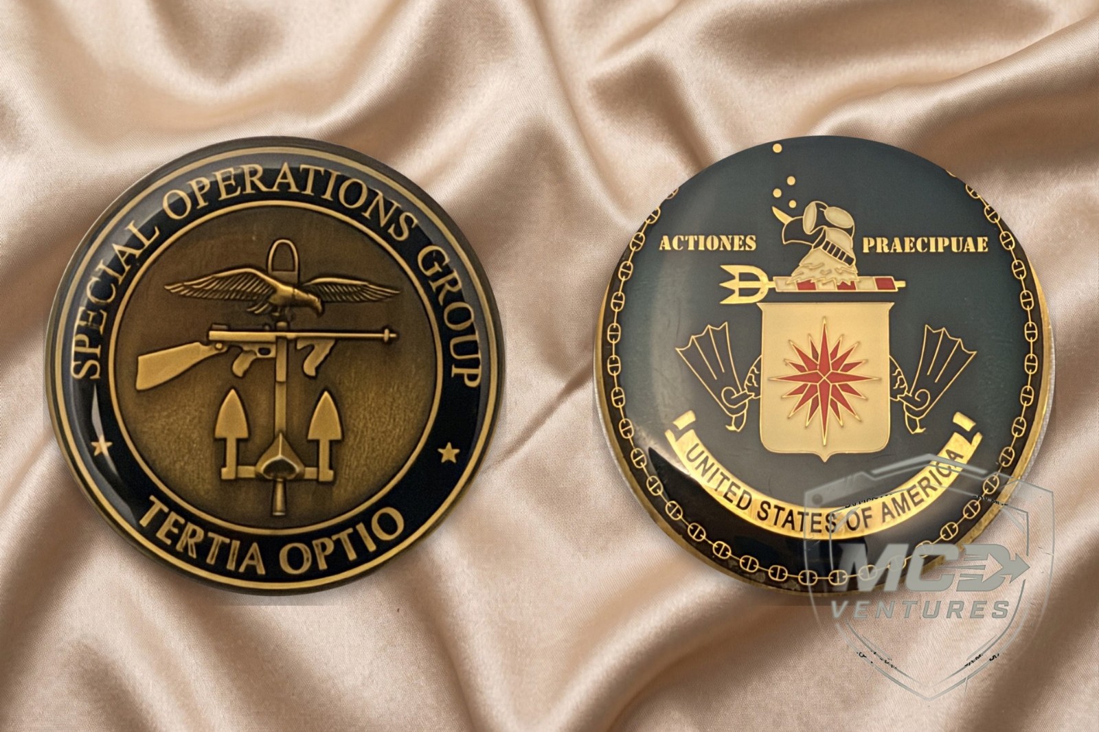 Vintage CIA Special Operations Group SOG Tertia Optio Coin Set + 2 Pins & Paper