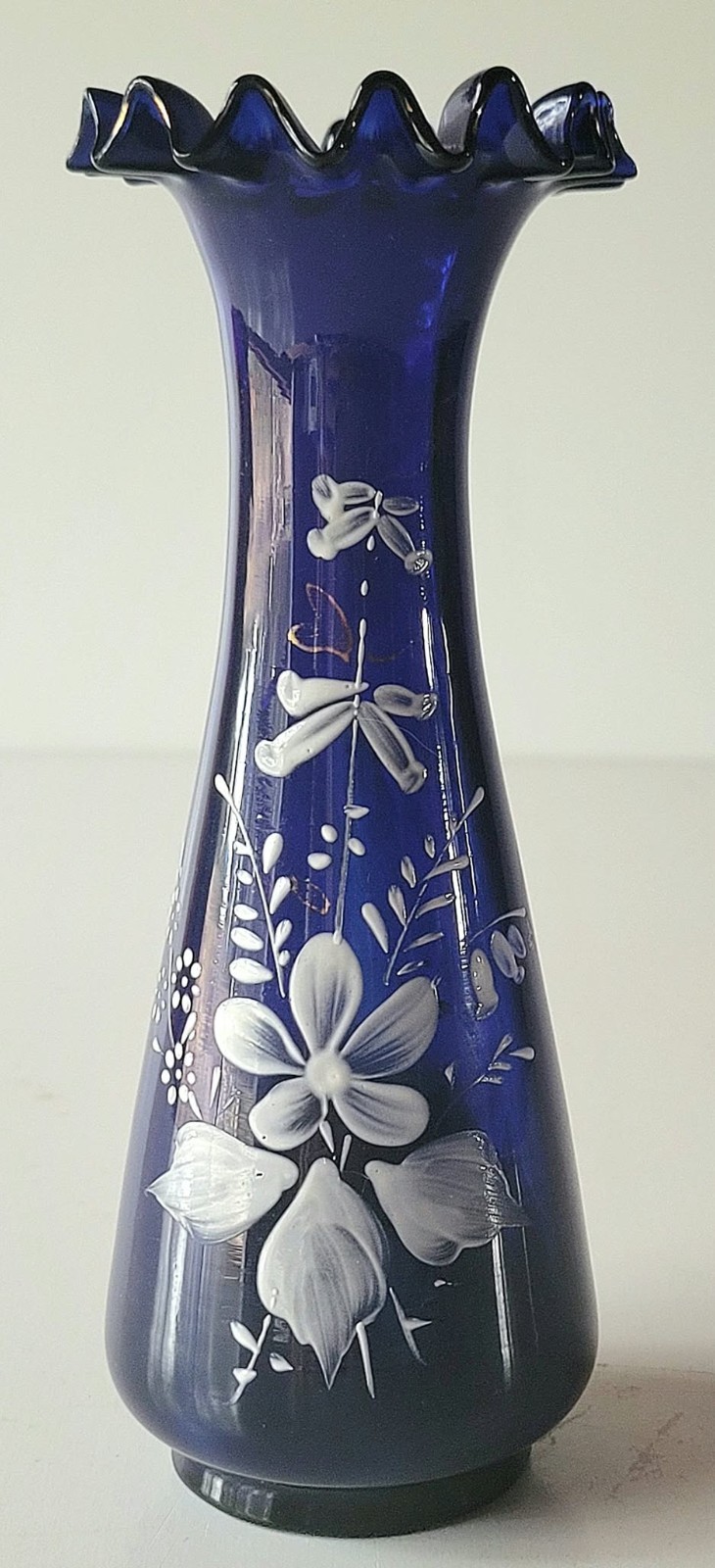 Antique 1920s Bristol Glass Cobalt Blue Bud Vase White Enamel Floral Gold Trim