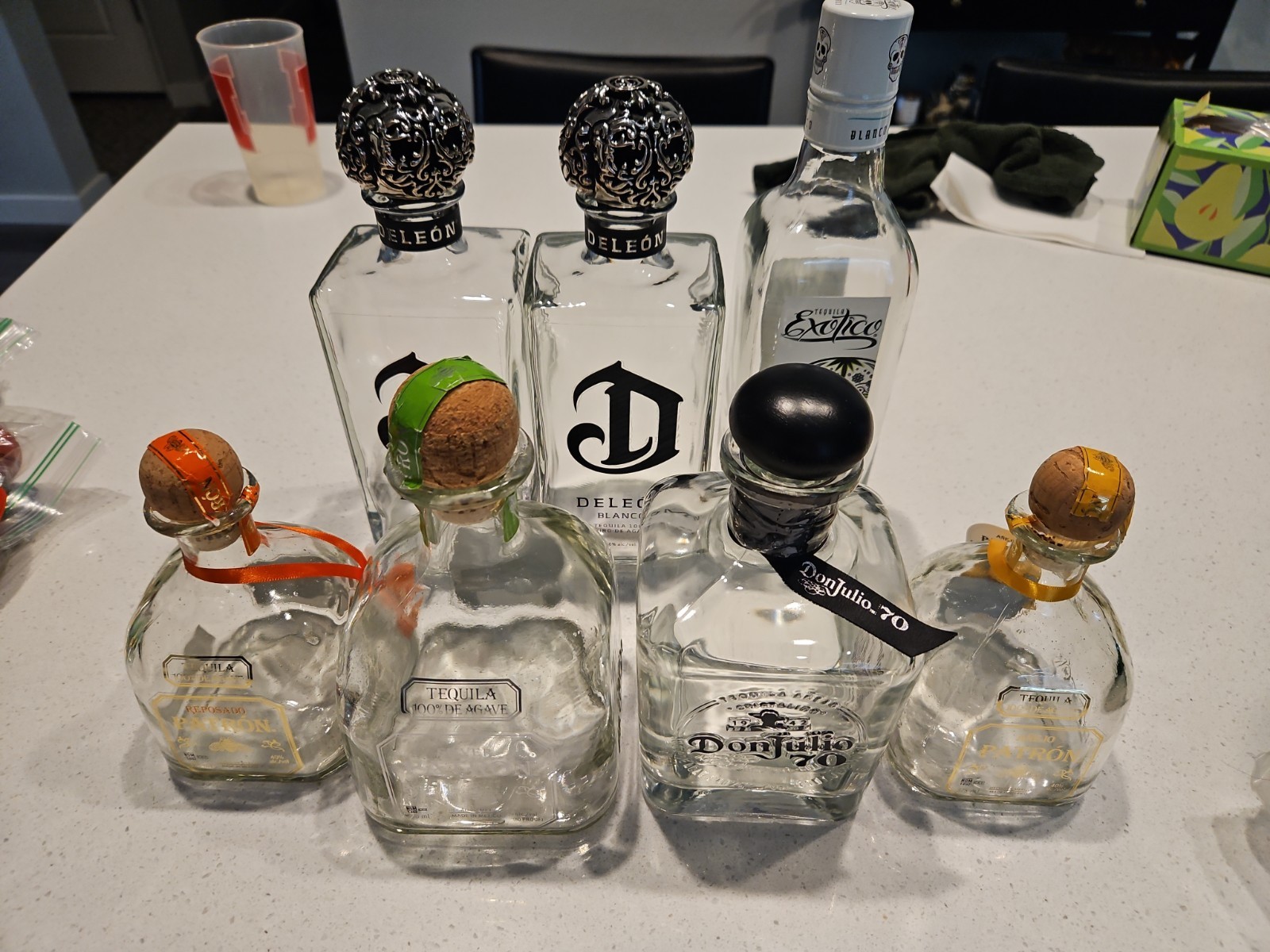 7 Tequila Bottle Lot: Deleon, Exotico, Don Julio, Patron W Toppers 7 Tequila Bottle Lot: Deleon, Exotico, Don Julio, Patron W Toppers