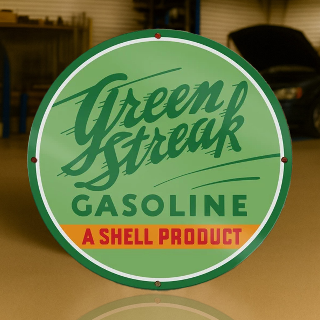 SHELL GREEN STREAK GASOLINE – Vintage Heavy Metal Sign - (XL – 19.7” / 50 cm)
