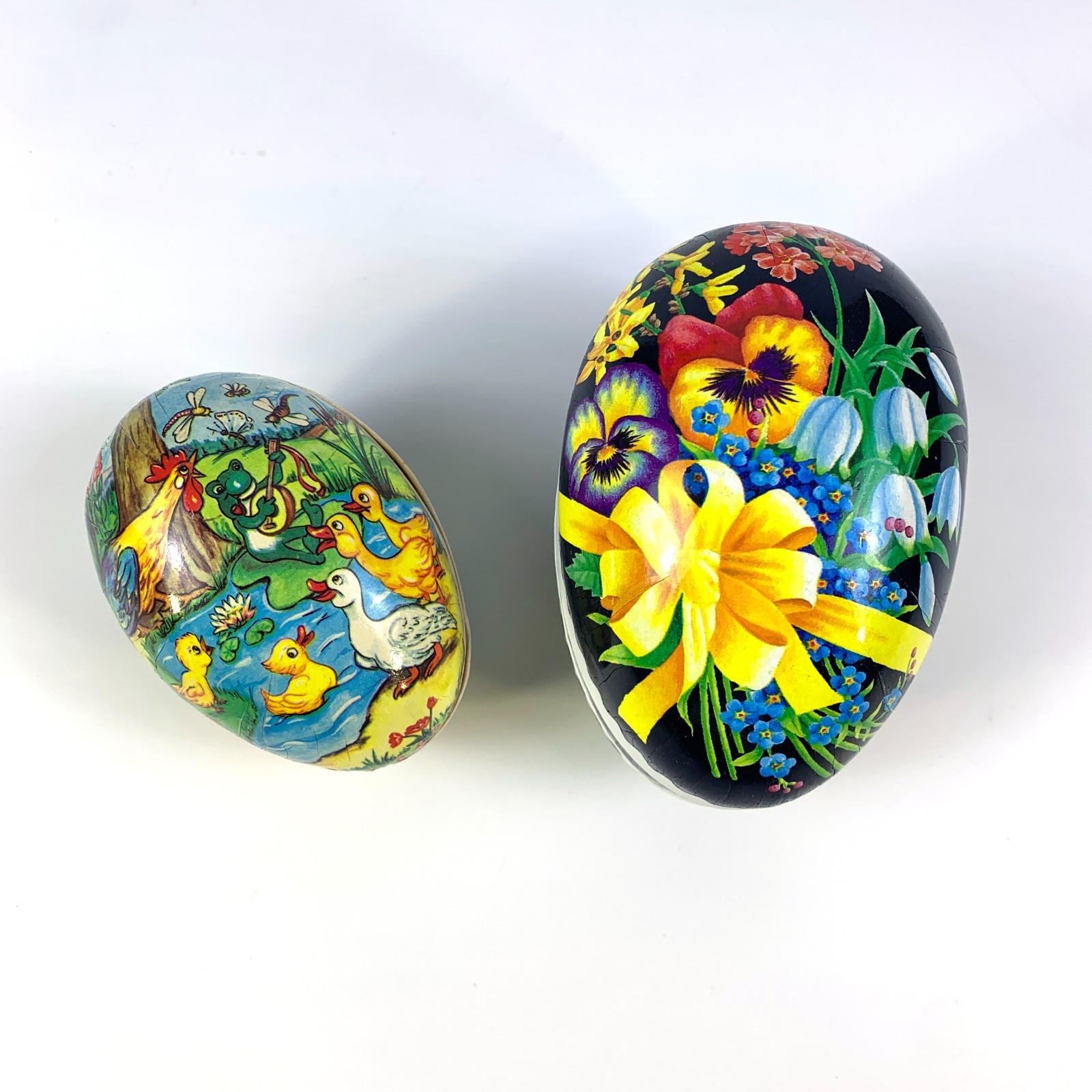 VTG Paper Mache Easter Eggs Lot of 2 Black Floral Pansy Animals Duck Frog Roostr