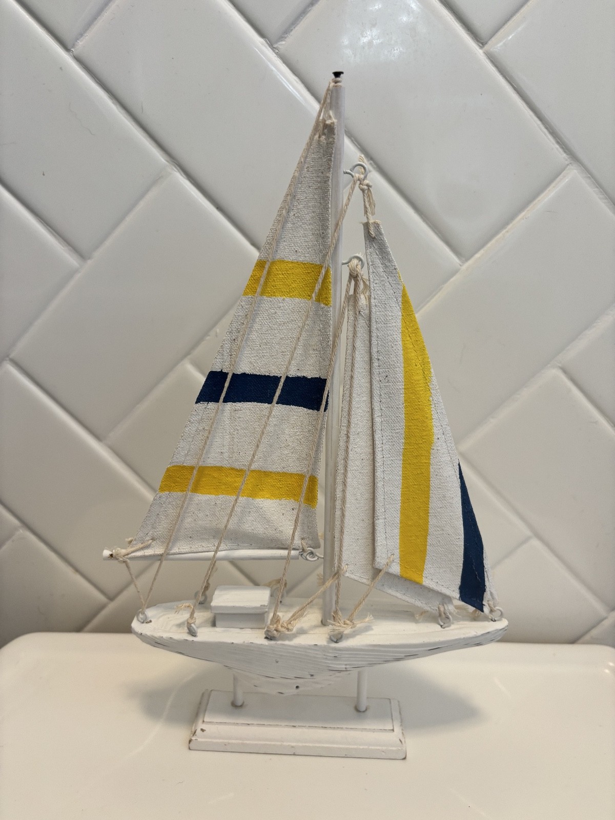 Nautical Wooden Sailboat Decor - White, Yellow, Navy - 7in.W x 12in H Nautical Wooden Sailboat Decor - White, Yellow, Navy - 7in.W x 12in H