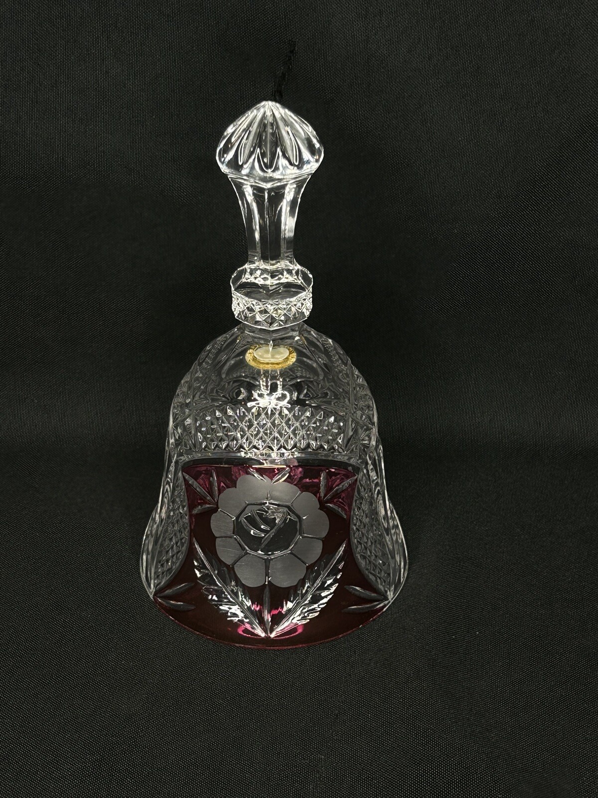 Clear Cut Glass Bell with Red  Etched Flower