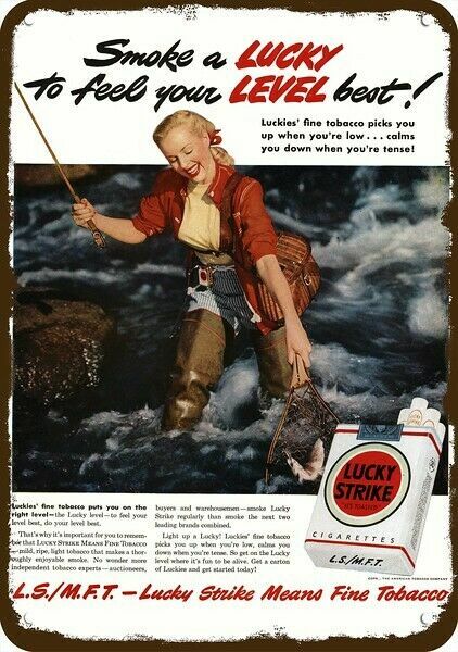 1949 LUCKY STRIKE Cigs & Woman Fly Fish Vntg-Look DECORATIVE REPLICA METAL SIGN 1949 LUCKY STRIKE Cigs & Woman Fly Fish Vntg-Look DECORATIVE REPLICA METAL SIGN